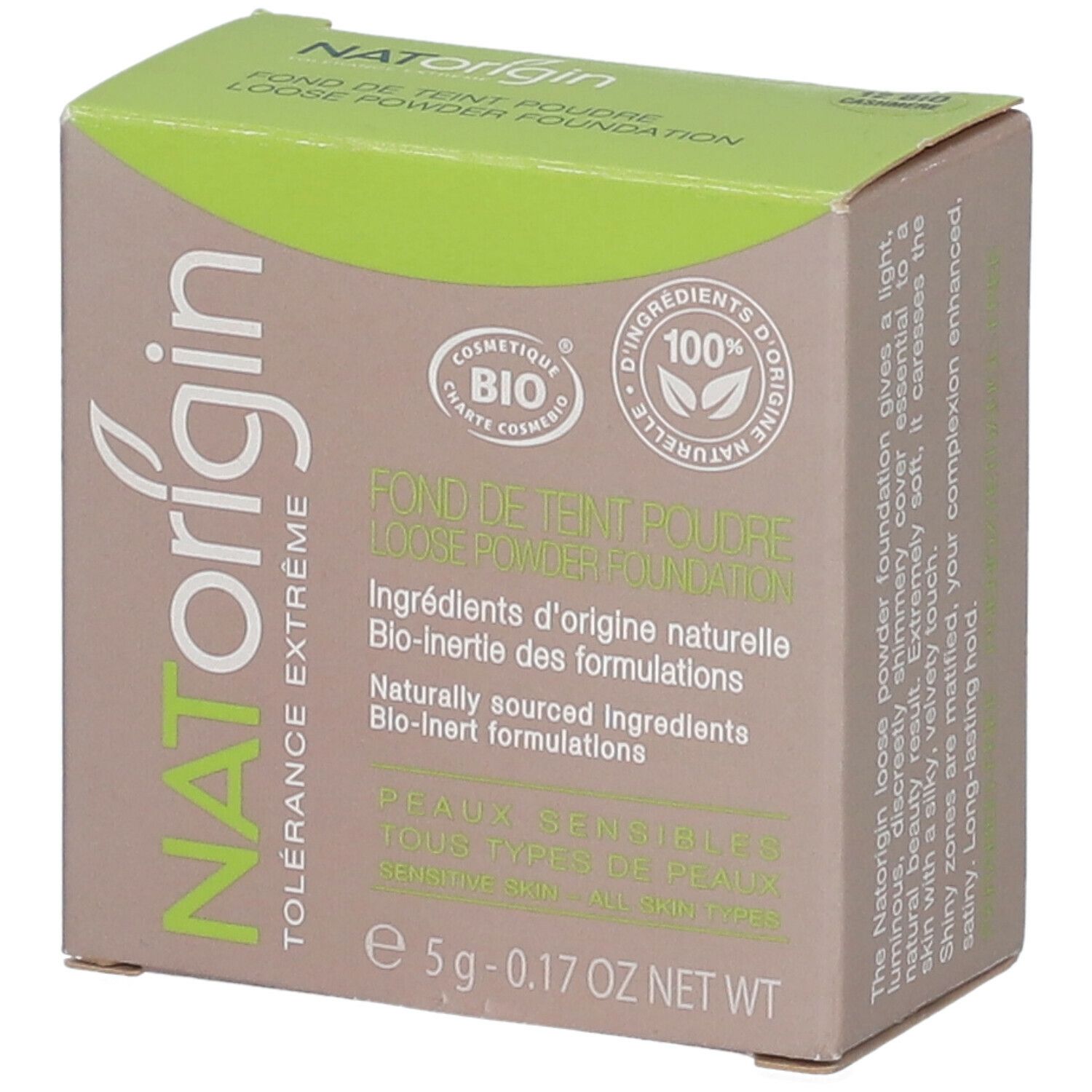 Boîte en carton avec nom et logo du produit. Combinaison de couleurs vert et beige. Certification bio.
