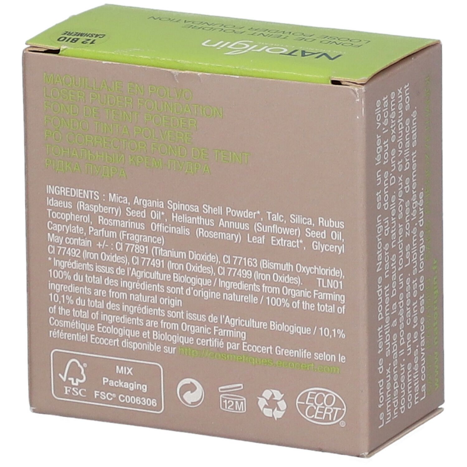 Dos de la boîte en carton. Ingrédients et certifications visibles. Texte en plusieurs langues.
