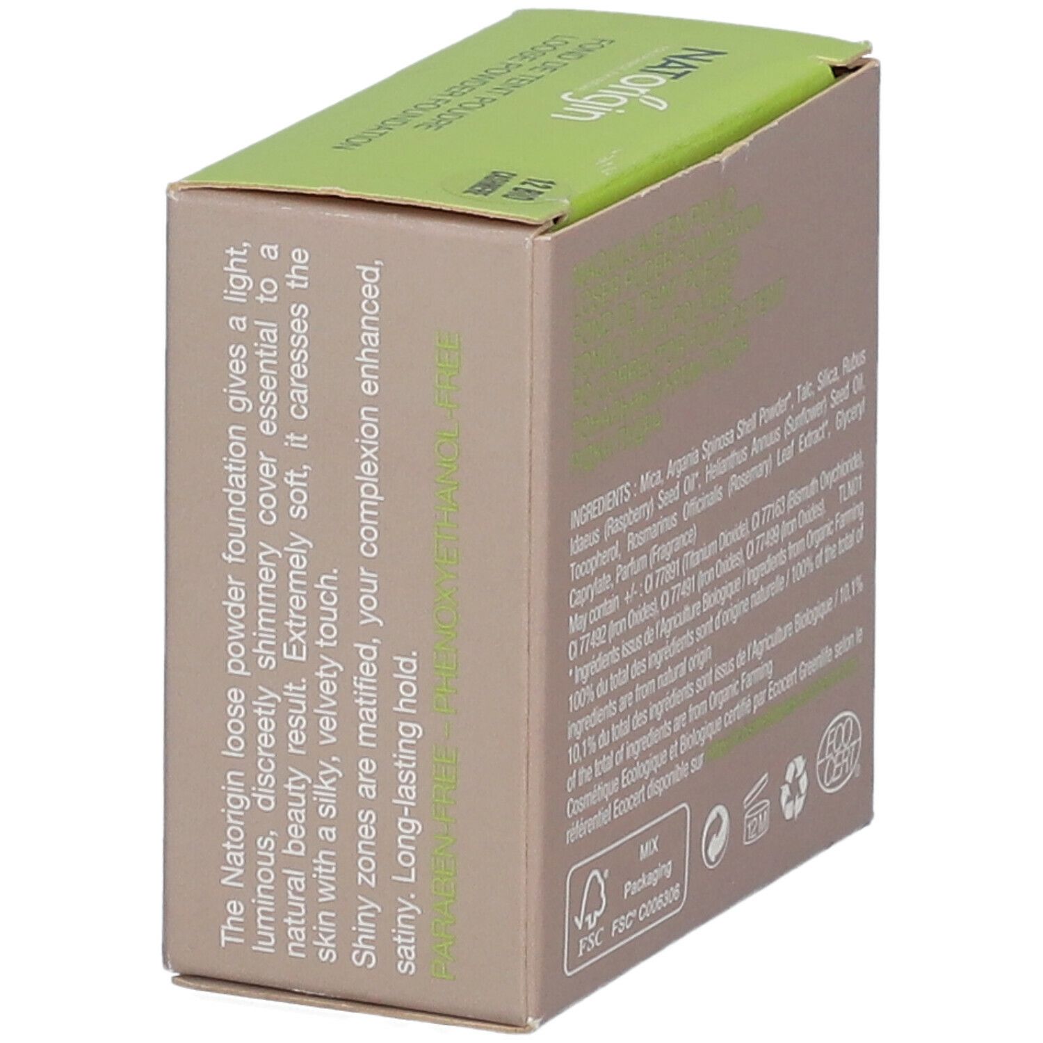 Boîte en carton en biais. Texte sur le côté. Combinaison de couleurs vert et beige. Logo FSC.