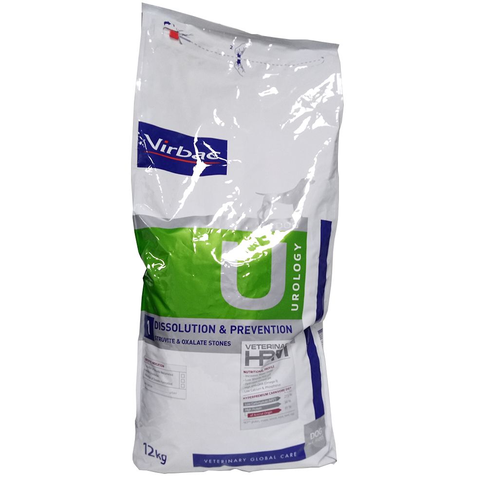 Virbac Veterinary HPM Urology D&P Trockenfutter für Hunde. Weiße Verpackung mit Logo und Produktinformationen. 12 kg.