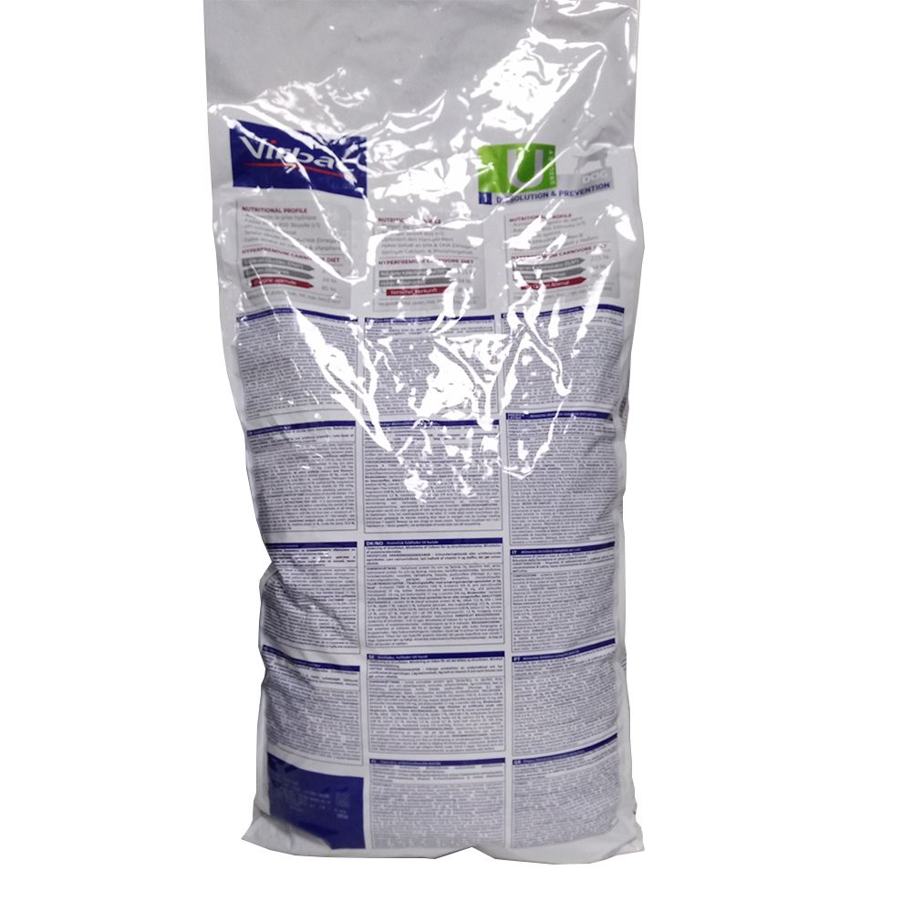 Rückseite der Virbac Veterinary HPM Urology D&P Trockenfutter-Verpackung. Textfelder mit Produktinformationen.
