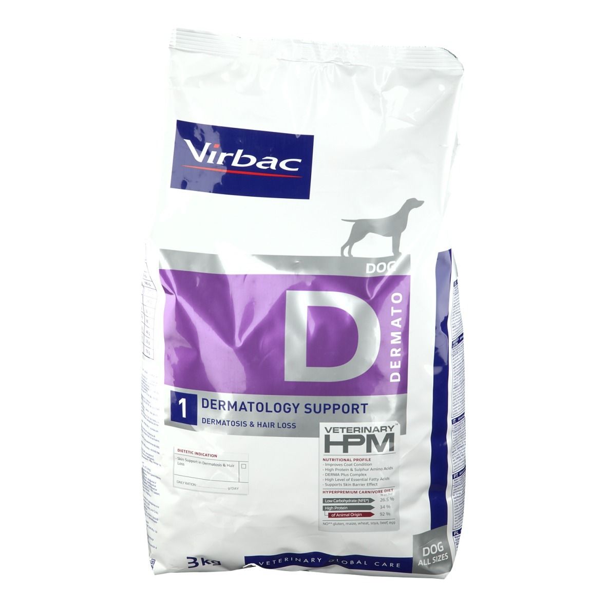Virbac Hundefutter-Beutel. Aufschrift: Dermatologie Support, Dermatosis & Hair Loss. 3 kg. Logo und Produktbezeichnung.