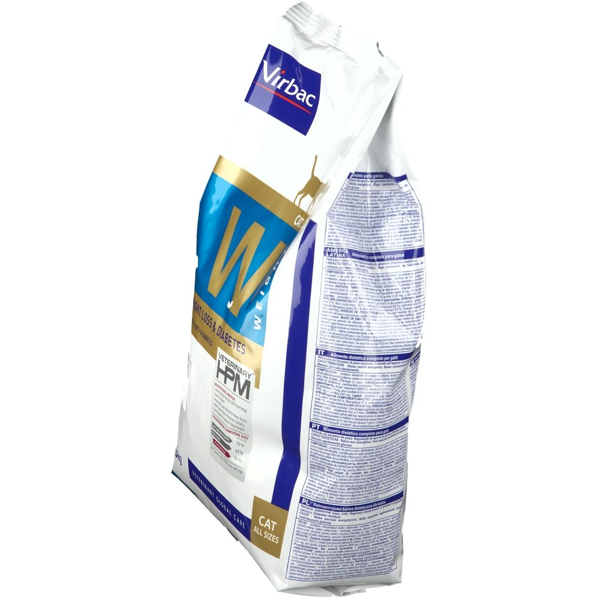 Sac de nourriture pour chats Virbac, vue latérale. Texte et logo sur sac blanc avec accents bleus et dorés.