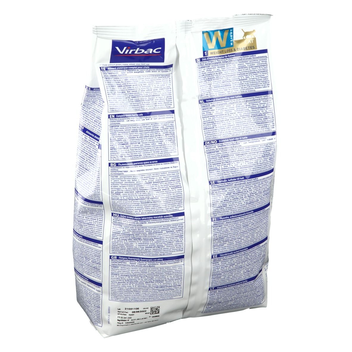 Dos du sac de nourriture pour chats Virbac. Texte multilingue. Sac blanc avec bandes bleues.