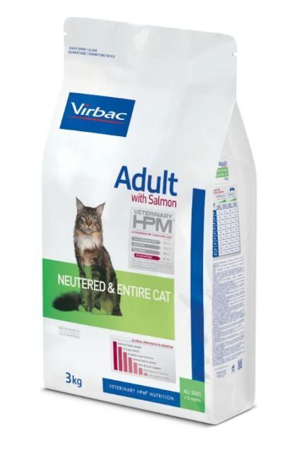 Virbac-Katzenfutterbeutel. "Adult with Salmon" und "Neutered & Entire Cat" auf der Verpackung. Katze abgebildet. 3kg.