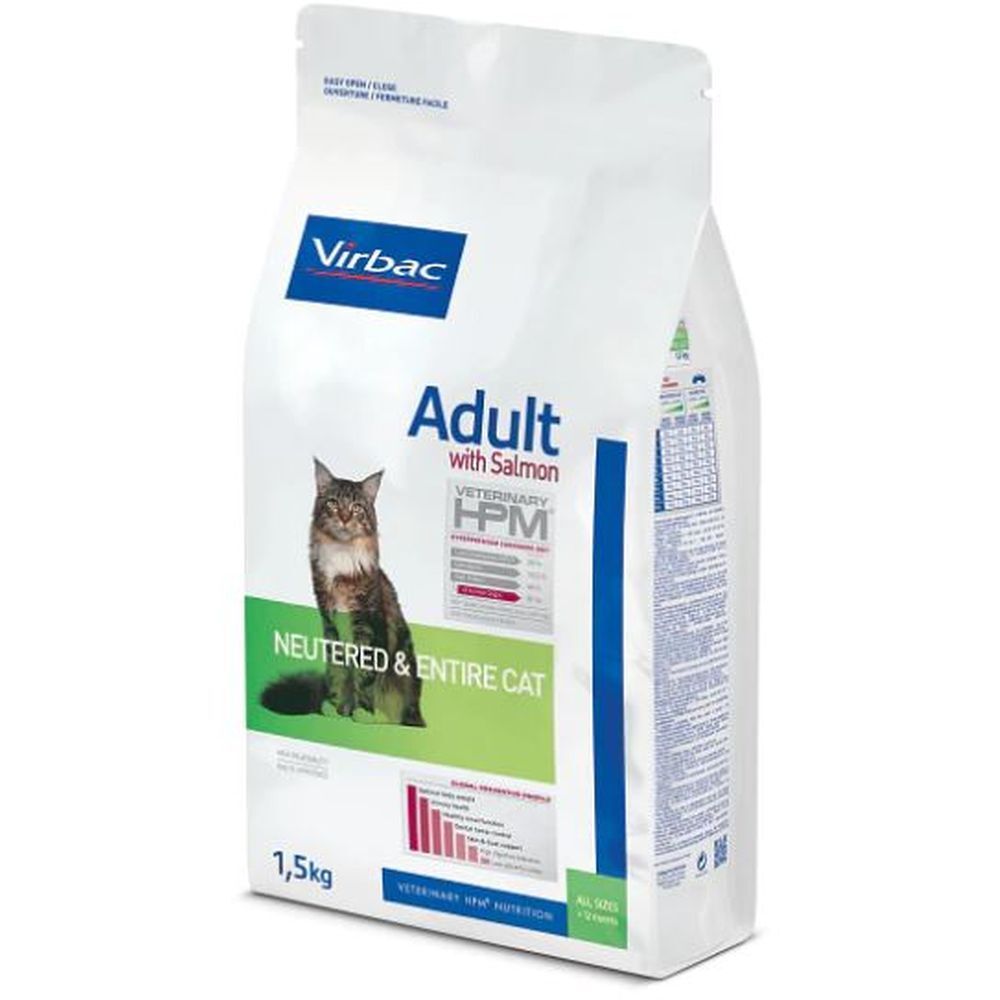 Virbac-Tierfutterbeutel. Aufdruck: Adult with Salmon, Katze, Neutered & Entire Cat. 1,5 kg. Blau-weißes Design.