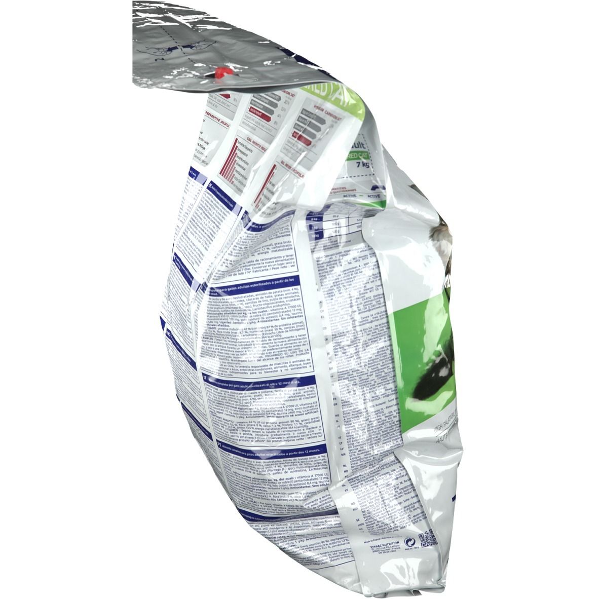 Virbac Katzenfutter-Beutel, Seitenansicht mit Text und Diagrammen. Weiß-blaue Verpackung.