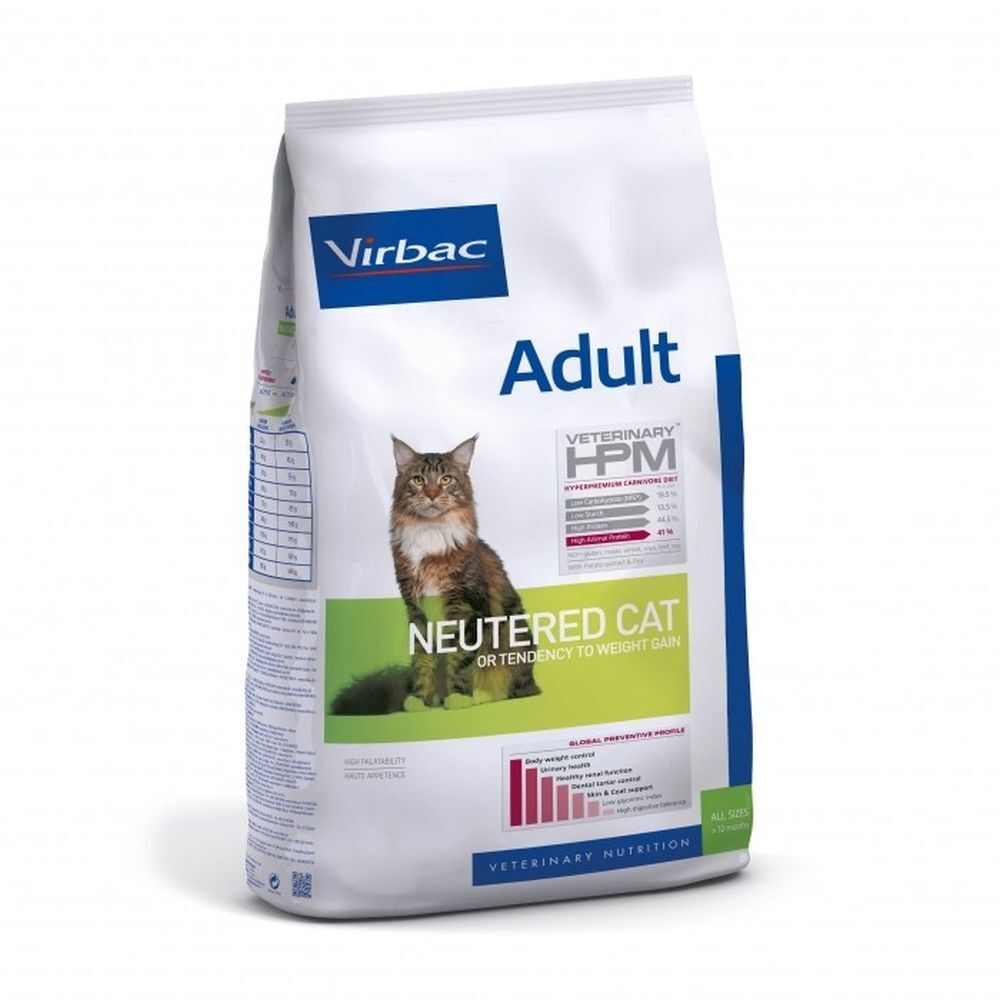 Sac de nourriture pour chats. Inscription "Adult Neutered Cat". Marque Virbac. Image d'un chat.