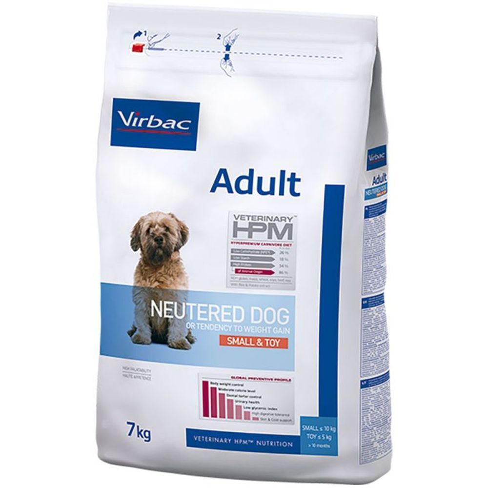 Beutel mit Hundefutter. Aufschrift: Adult, Neutered Dog, Small & Toy. Marke Virbac. 7 kg.