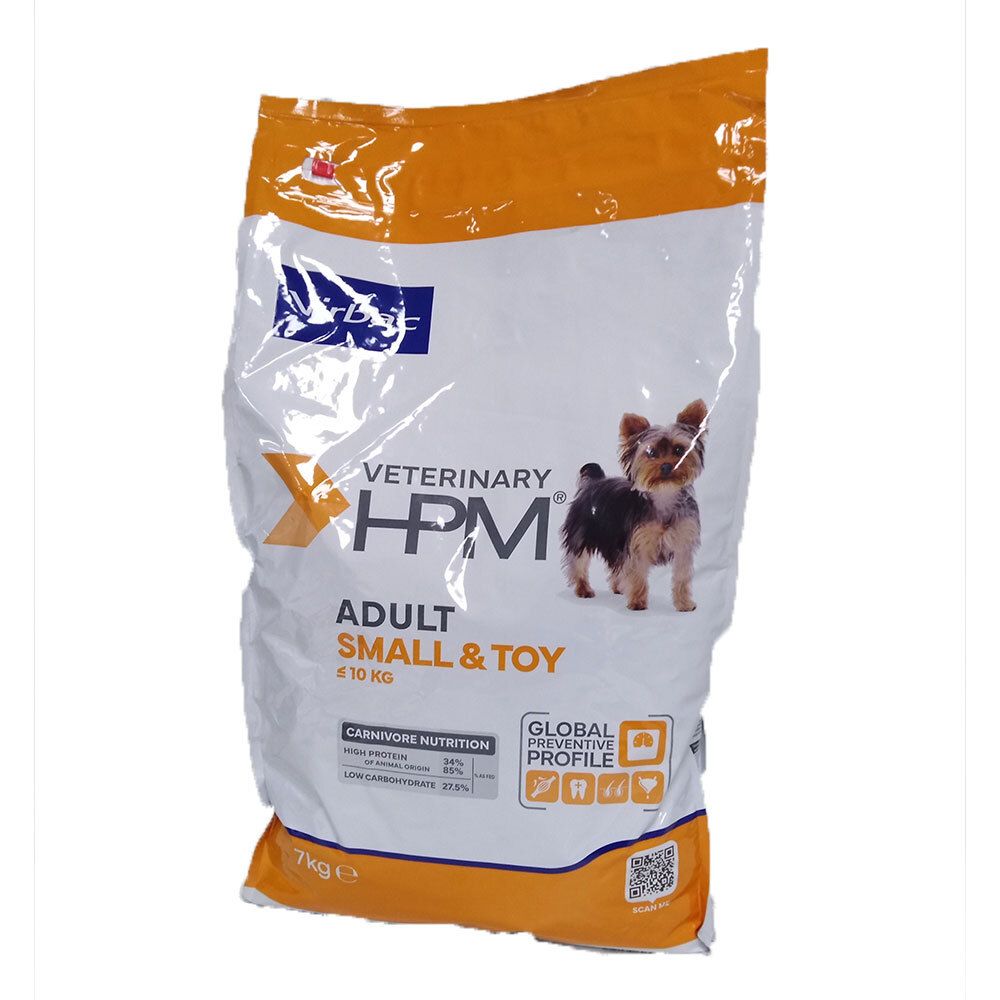 Beutel Virbac VETERINARY HPM Adult Small & Toy. Aufdruck: Logo, Hund, Text. 7 kg.