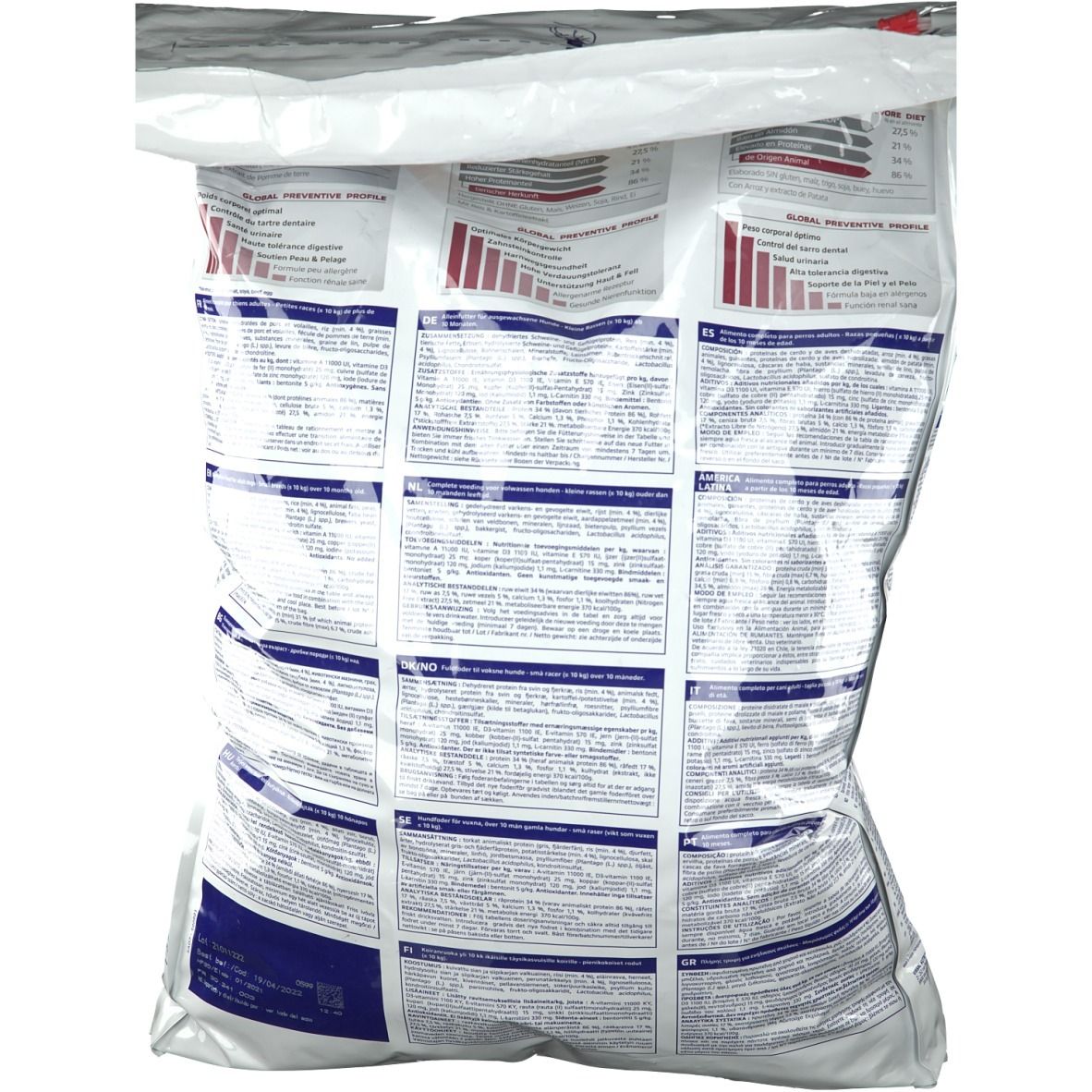Dos du sac de nourriture pour chiens Virbac. Informations textuelles multilingues. Texte blanc sur fond bleu.