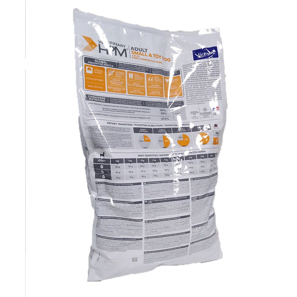 Rückseite des Beutels Virbac VETERINARY HPM Adult Small & Toy. Text und Grafiken.
