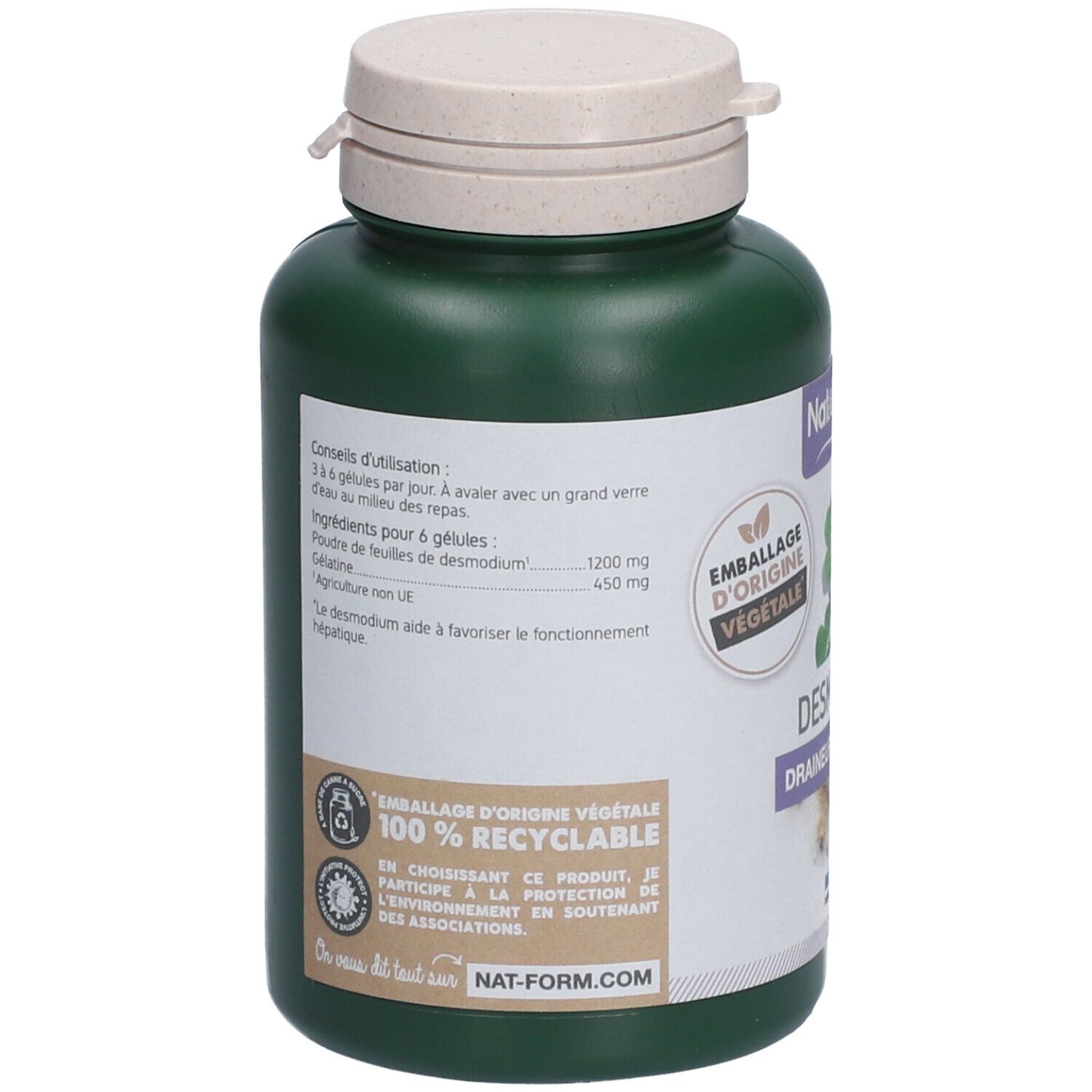 Dos du flacon vert avec couvercle blanc. Inscription: Nat&Form. Informations d'utilisation et ingrédients. 100% recyclable.
