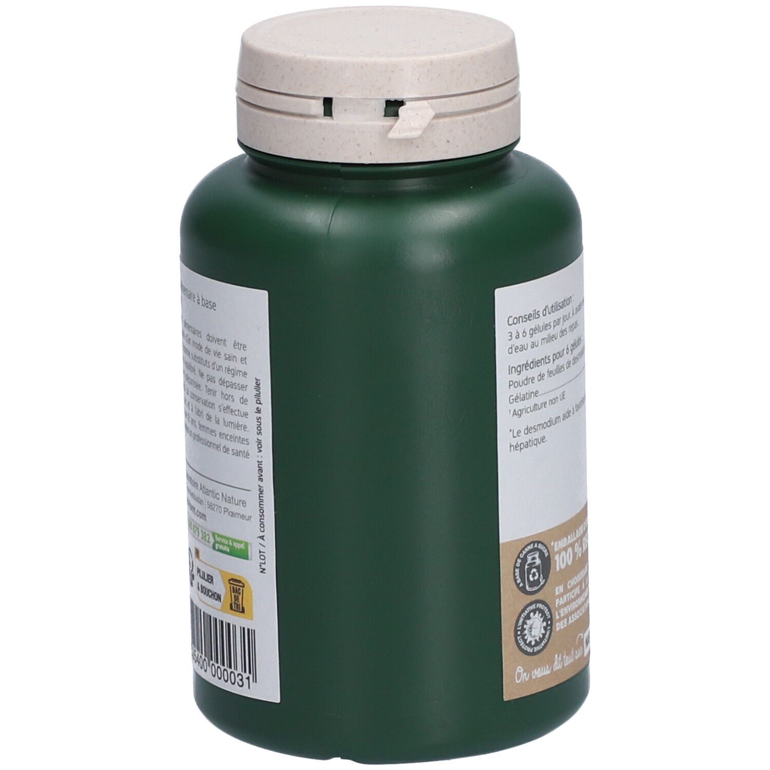 Flacon vert avec couvercle blanc. Inscription: Nat&Form. Informations d'utilisation et ingrédients. 100% recyclable.