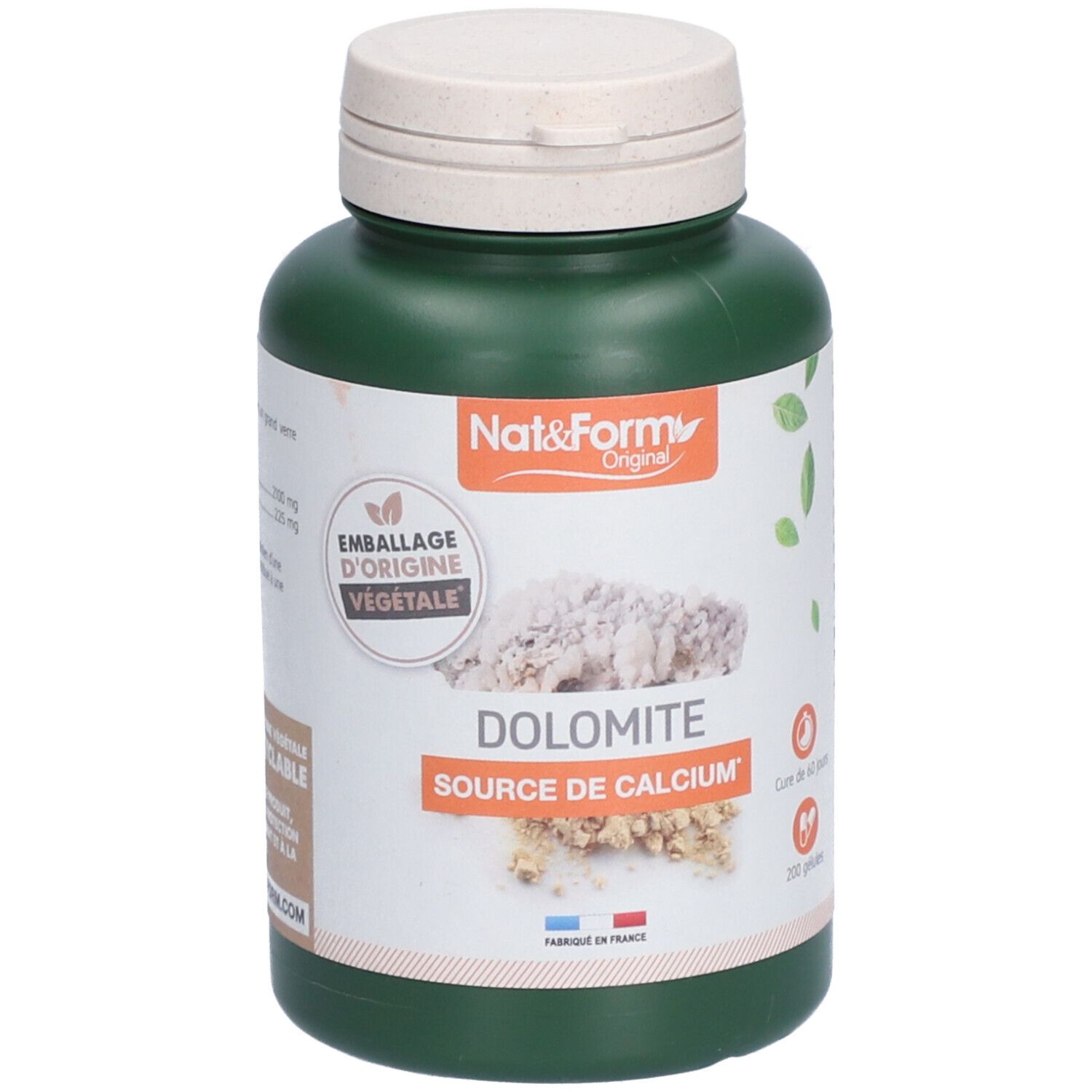 Flacon vert avec bouchon blanc. Inscription: Dolomite, source de calcium. Emballage d'origine végétale. 200 gélules.