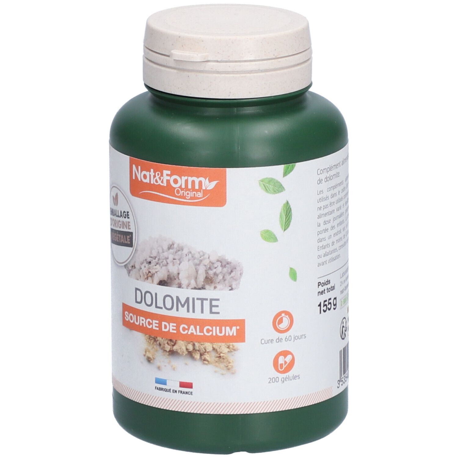 Flacon vert avec bouchon blanc. Inscription: Dolomite, source de calcium. 155g. 200 gélules. Cure de 60 jours.