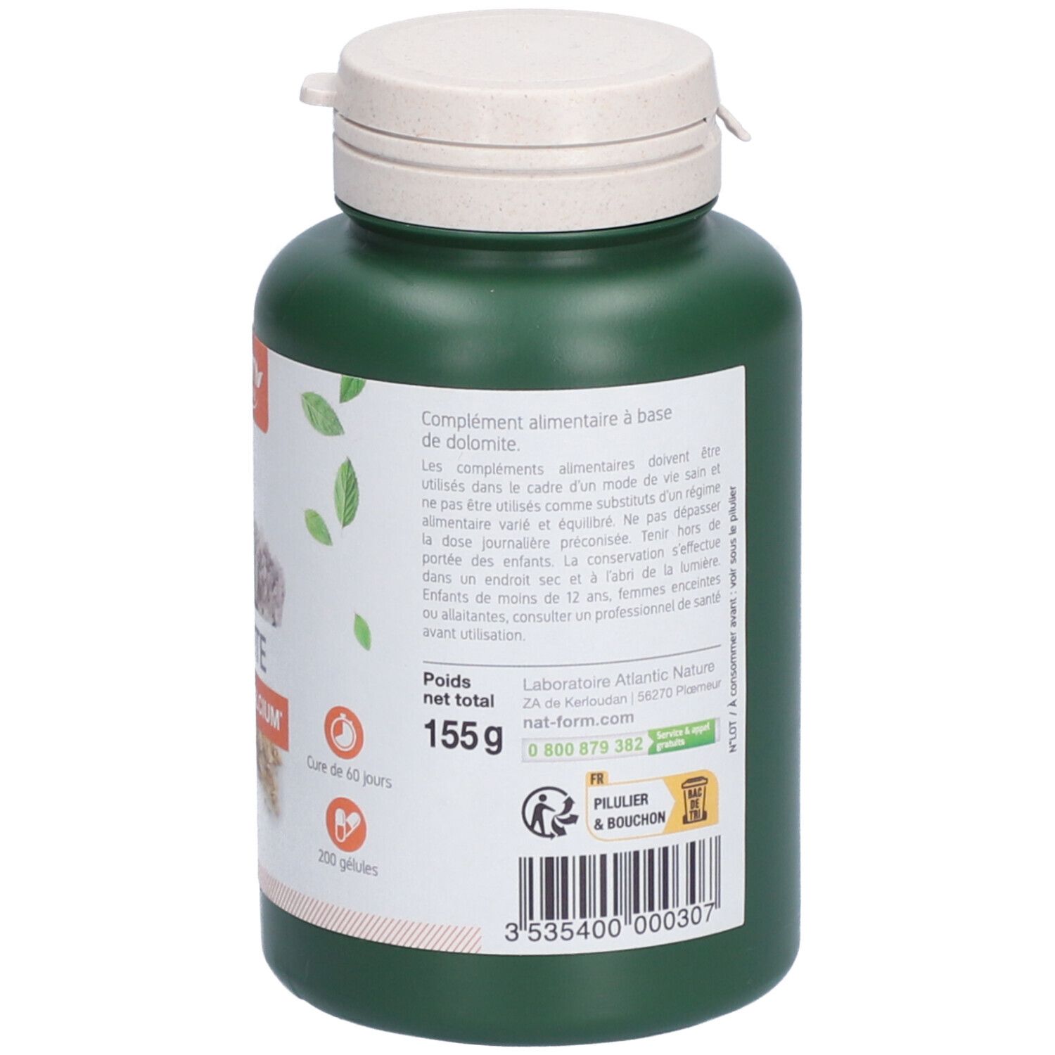 Dos du flacon vert avec bouchon blanc. Informations sur le produit. Poids 155g. 200 gélules. Cure de 60 jours.