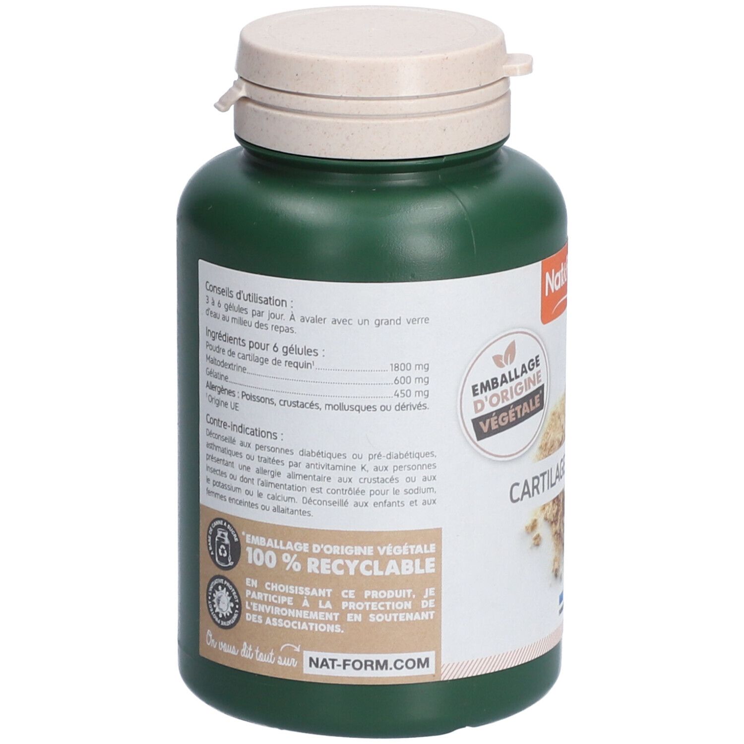 Rückseite einer grünen Flasche. Text: Inhaltsstoffe, Gebrauchsanweisung, Warnhinweise. Logo: Emballage d'origine végétale, 100% recycelbar.