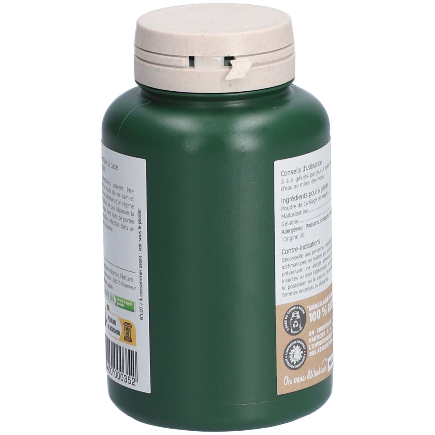 Grüne Flasche mit weißem Deckel. Aufschrift und Text. Logo: Emballage d'origine végétale, 100% recycelbar. Hergestellt in Frankreich.
