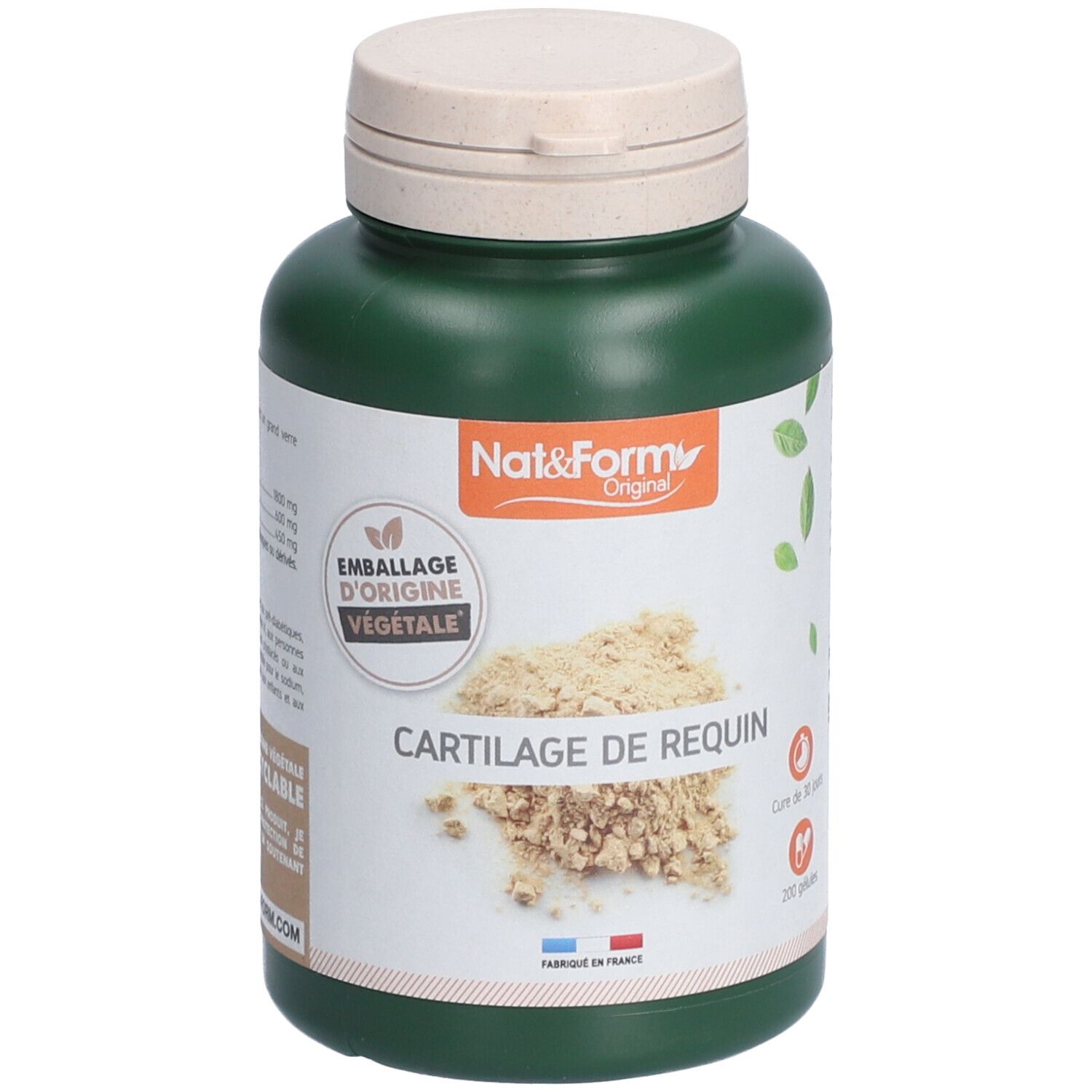 Grüne Flasche mit weißem Deckel. Aufschrift: CARTILAGE DE REQUIN. Logo: Emballage d'origine végétale. Hergestellt in Frankreich.