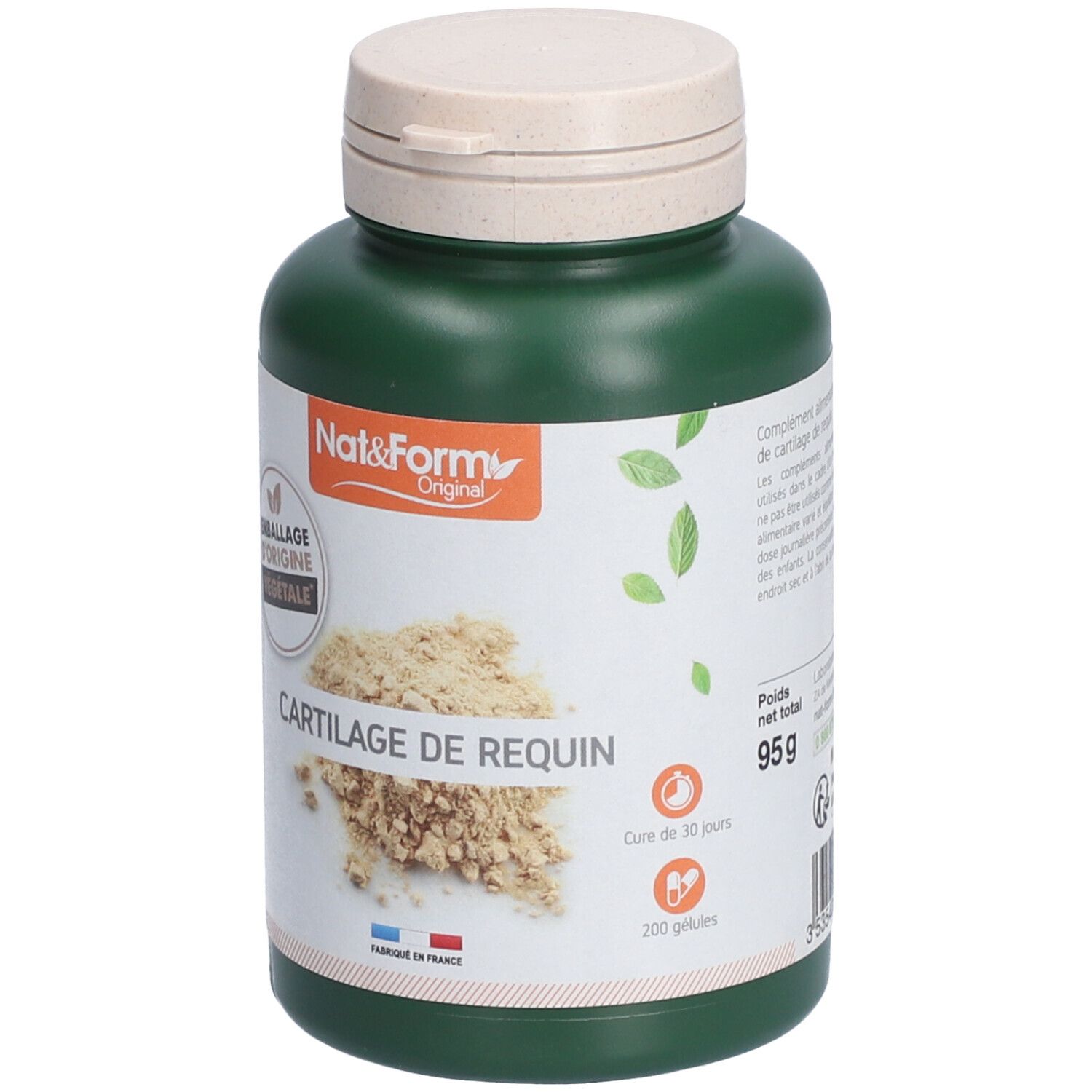 Grüne Flasche mit weißem Deckel. Aufschrift: CARTILAGE DE REQUIN. Logo: Emballage d'origine végétale. 200 Kapseln, 95g.