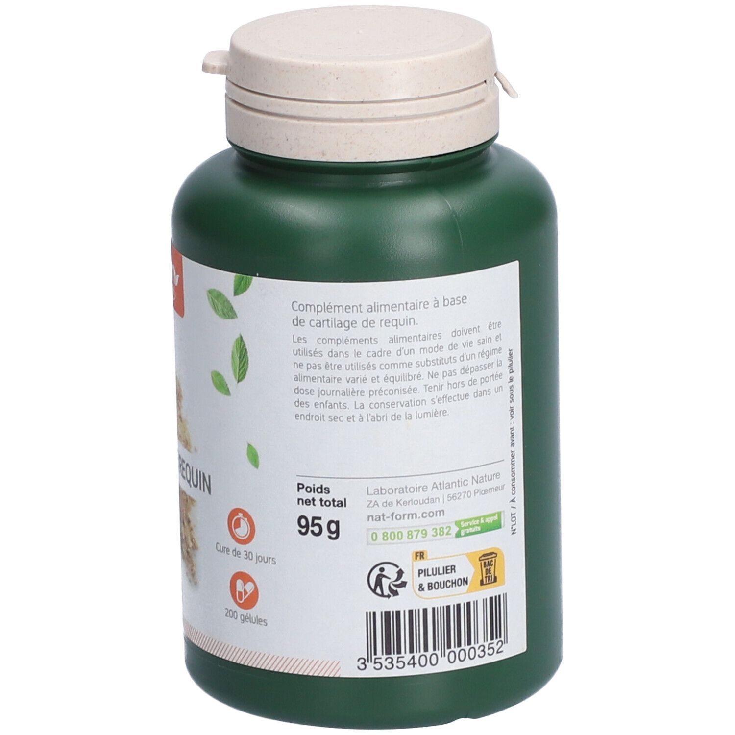 Rückseite einer grünen Flasche. Text und Logo: 200 Kapseln, 95g. Logo: Pilier & Bouchon. Adresse und Telefonnummer.