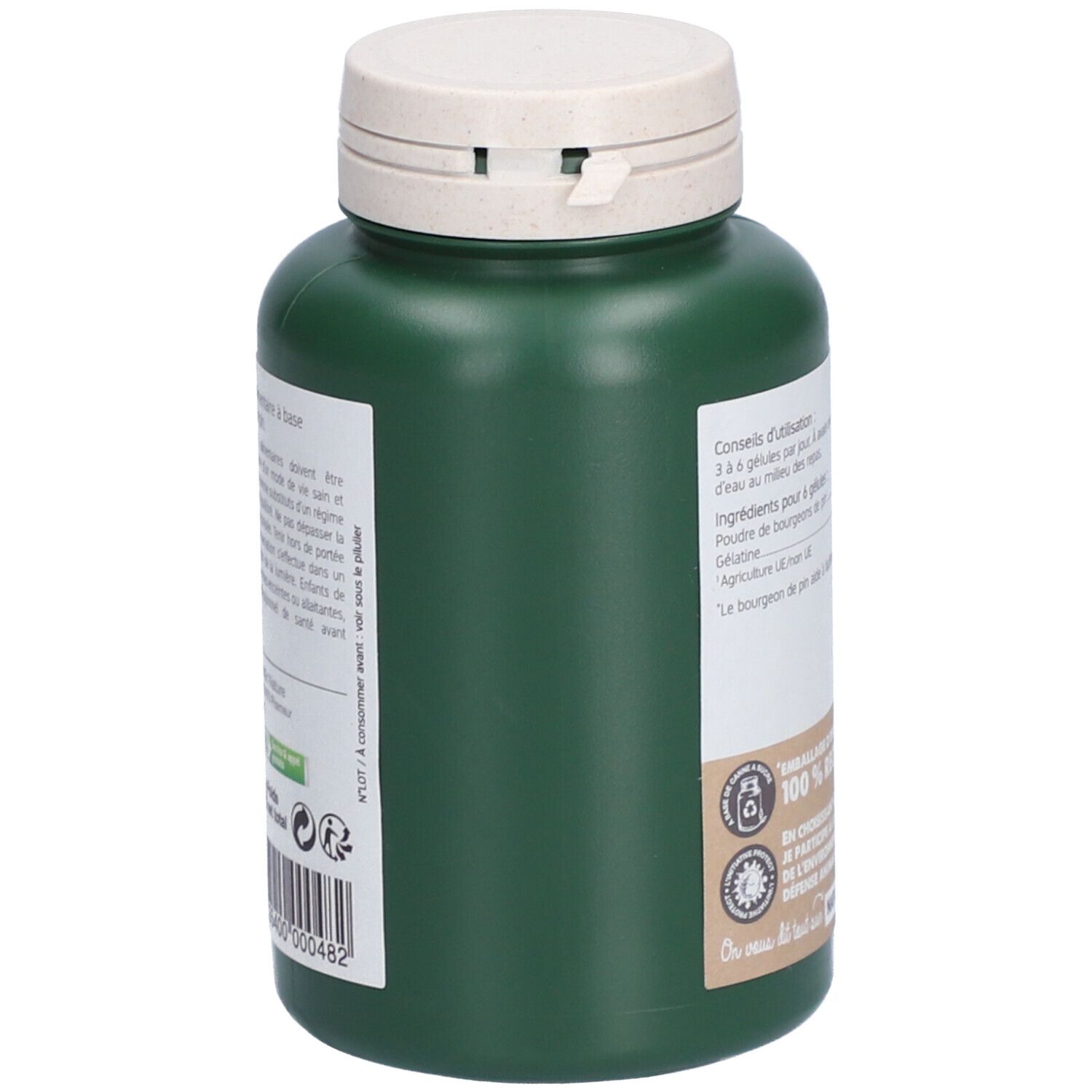Grüne Flasche, Seitenansicht. Text und Logos. Logo: Emballage d'origine végétale 100% recyclable.
