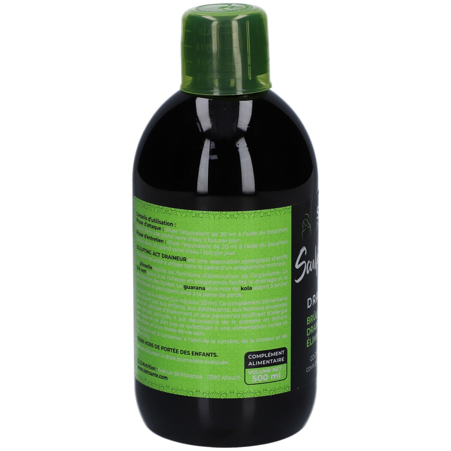 Flacon noir, bouchon vert. Dos avec texte et inscriptions vertes. Contient des informations sur le produit.