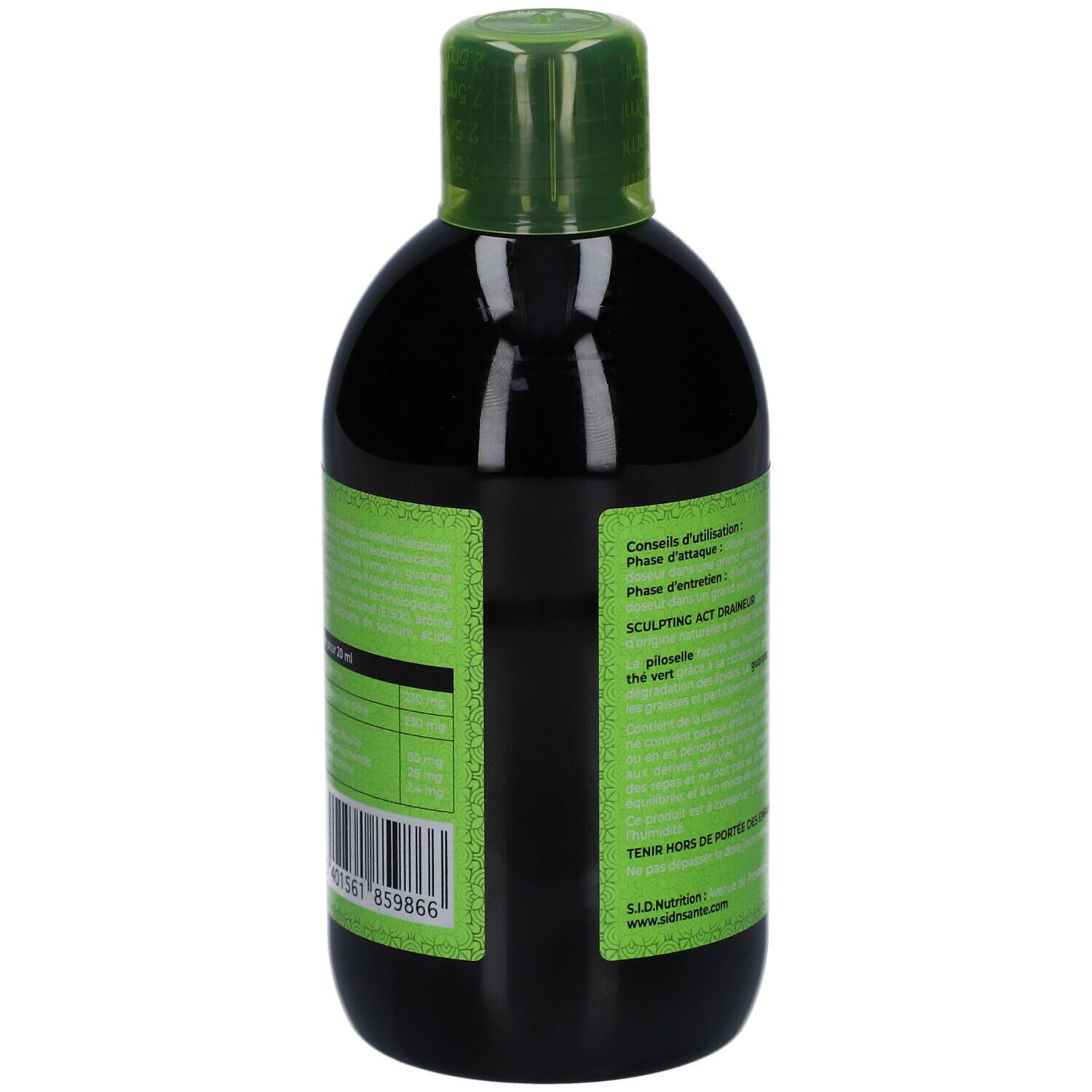 Flacon noir, bouchon vert. Dos avec texte et inscriptions vertes. Contient des informations sur le produit.