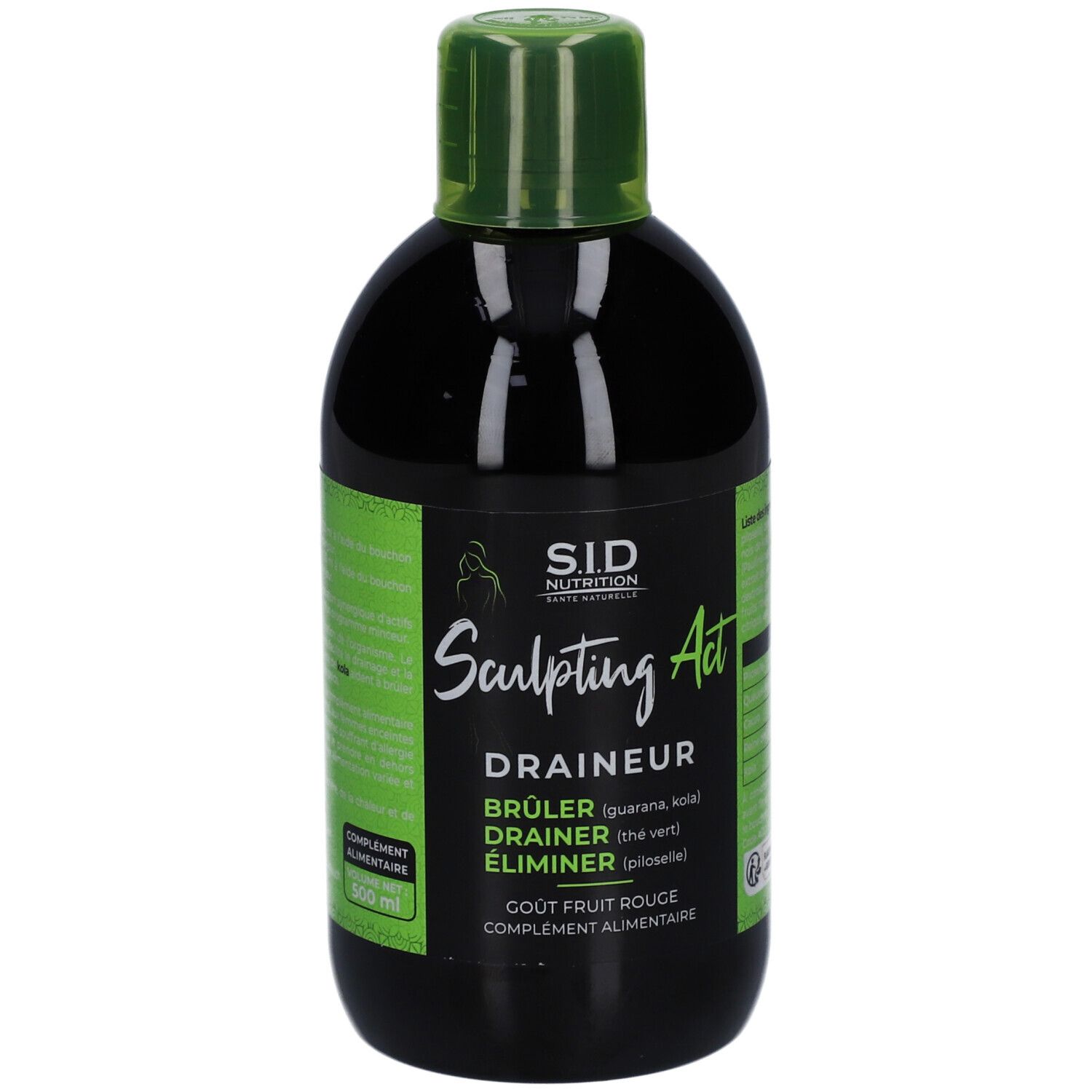 Flacon noir, bouchon vert. Inscriptions: S.I.D Nutrition, Sculpting Act, Draineur, Brûleur, Éliminer. Goût Fruit Rouge. 500 ml.