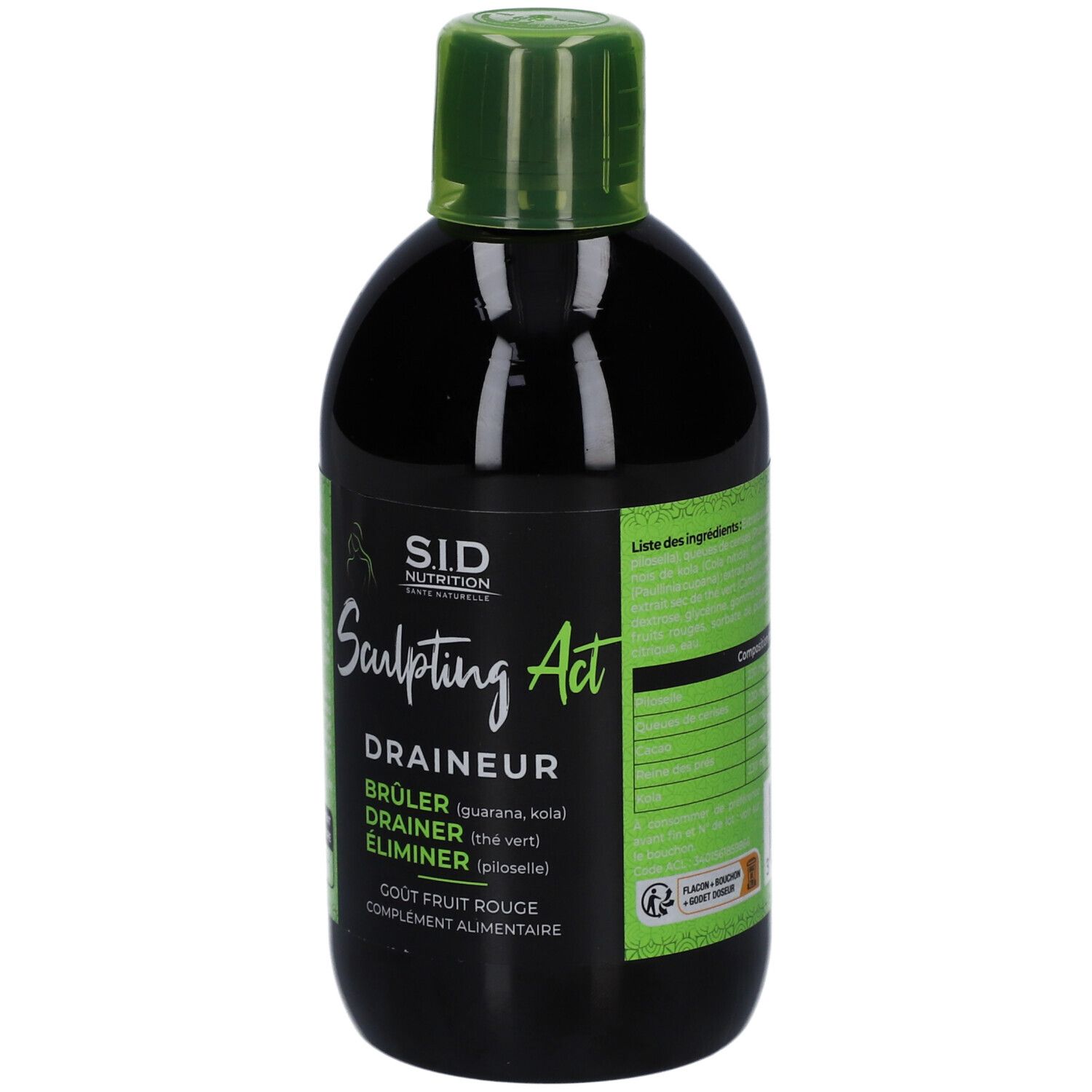 Flacon noir, bouchon vert. Inscriptions: S.I.D Nutrition, Sculpting Act, Draineur, Brûleur, Éliminer. Goût Fruit Rouge. 500 ml.
