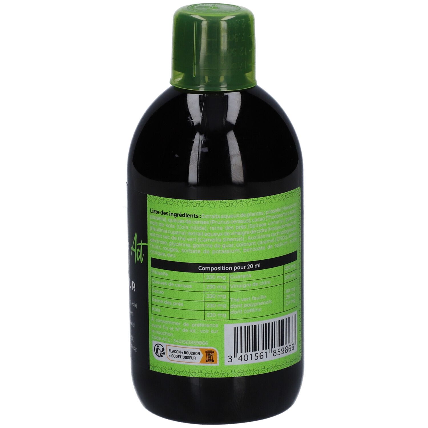 Flacon noir, bouchon vert. Dos avec texte et inscriptions vertes. Contient des informations sur le produit.