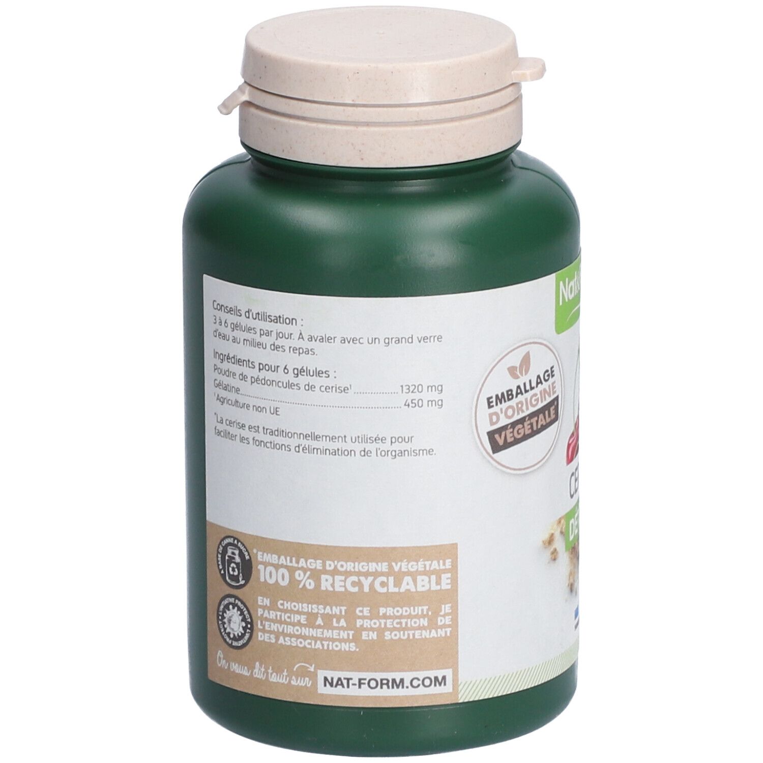 Rückseite der grünen Flasche. Text: Anwendungshinweise, Inhaltsstoffe, 100% recycelbar. Logo: Verpackung aus pflanzlicher Herkunft.