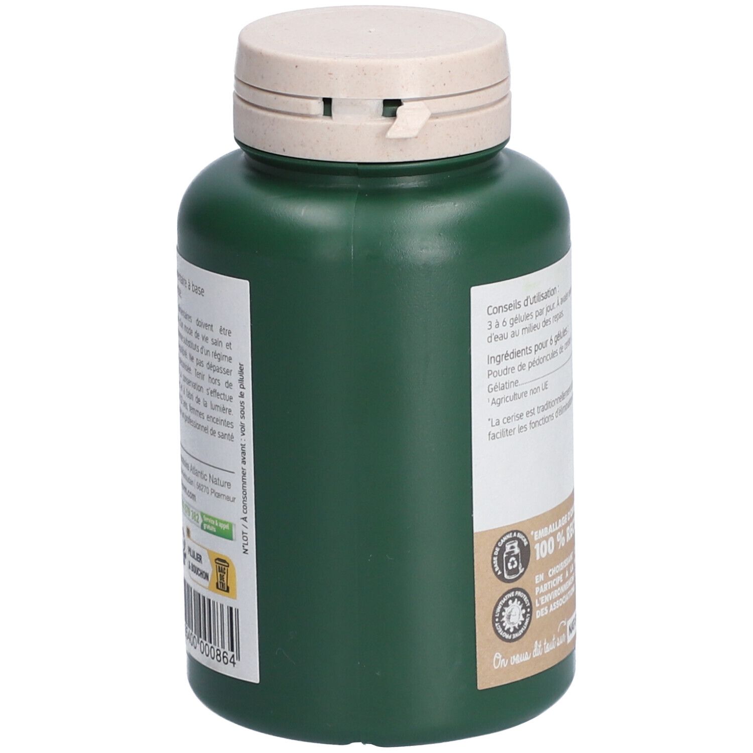 Grüne Flasche, Seitenansicht. Weißer Deckel. Aufkleber mit Text und Logo: 100% recycelbar, Verpackung aus pflanzlicher Herkunft.