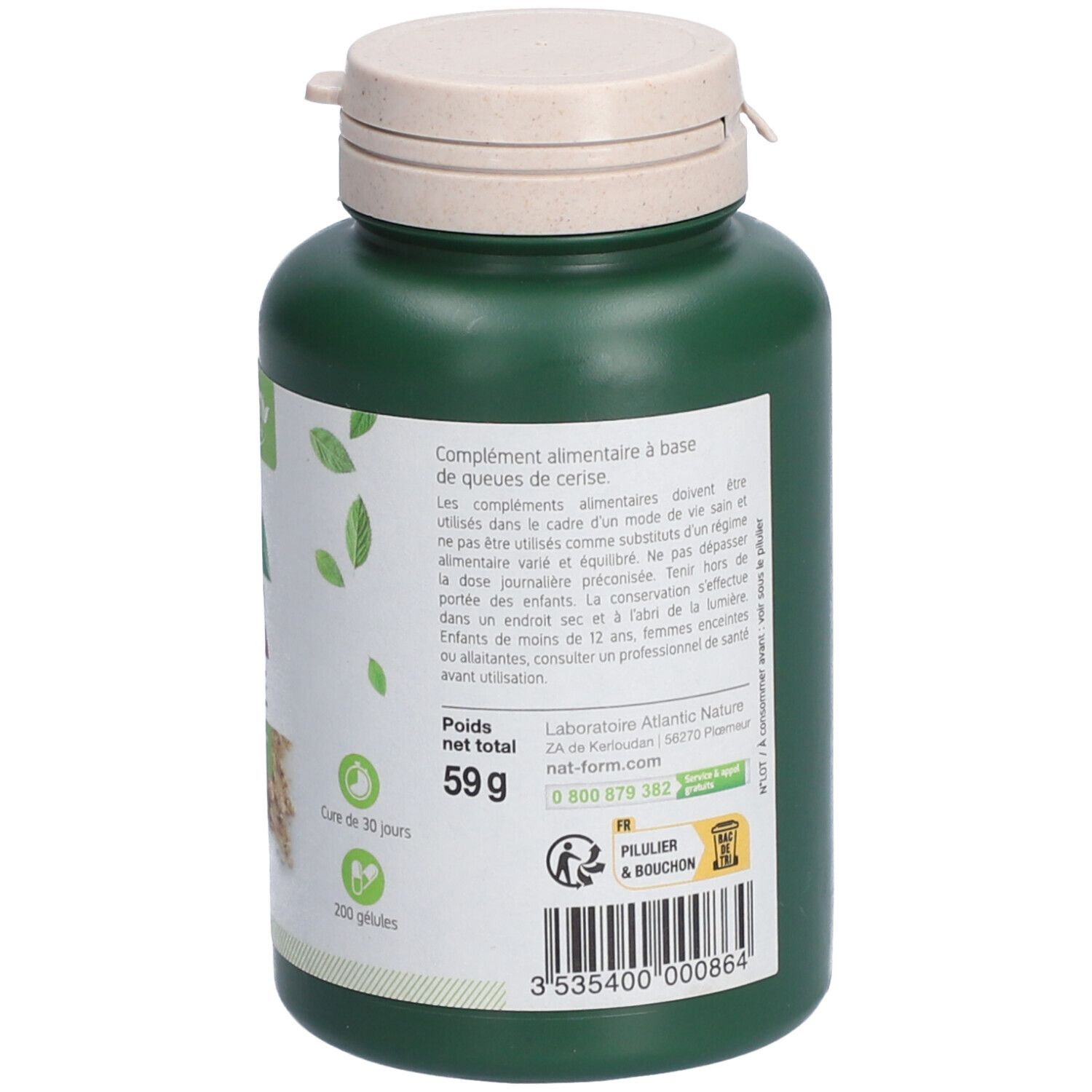 Rückseite der grünen Flasche. Text: Nahrungsergänzungsmittel auf Kirschbasis. Nettogewicht: 59g. 200 Kapseln. Haltbarkeit: 30 Tage.