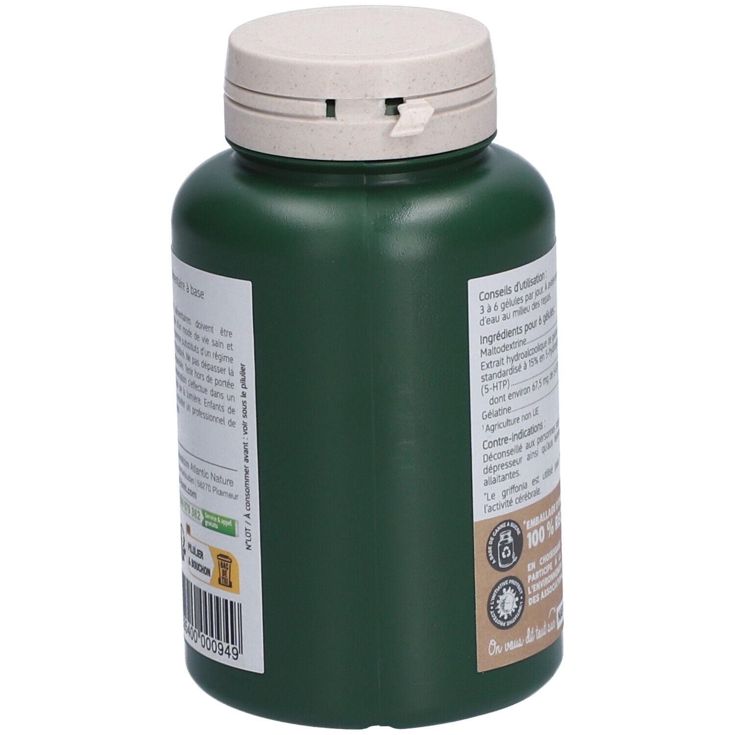 Flacon vert avec bouchon blanc. Inscription GRIFFONIA HUMEUR. Emballage d'origine végétale. 100% recyclable.