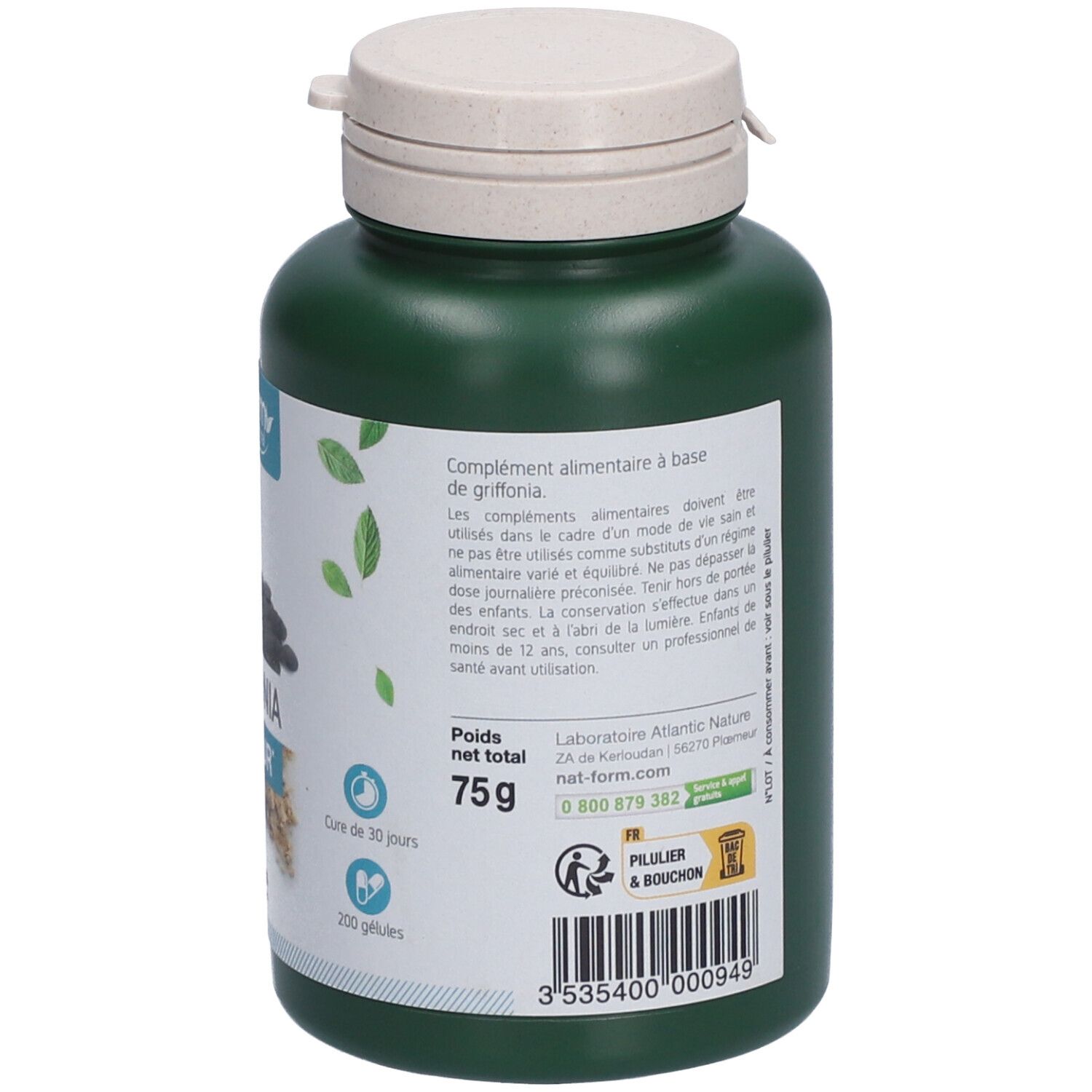 Dos du flacon vert. Inscription GRIFFONIA HUMEUR. 200 gélules. 75g. Informations sur l'utilisation et les ingrédients.