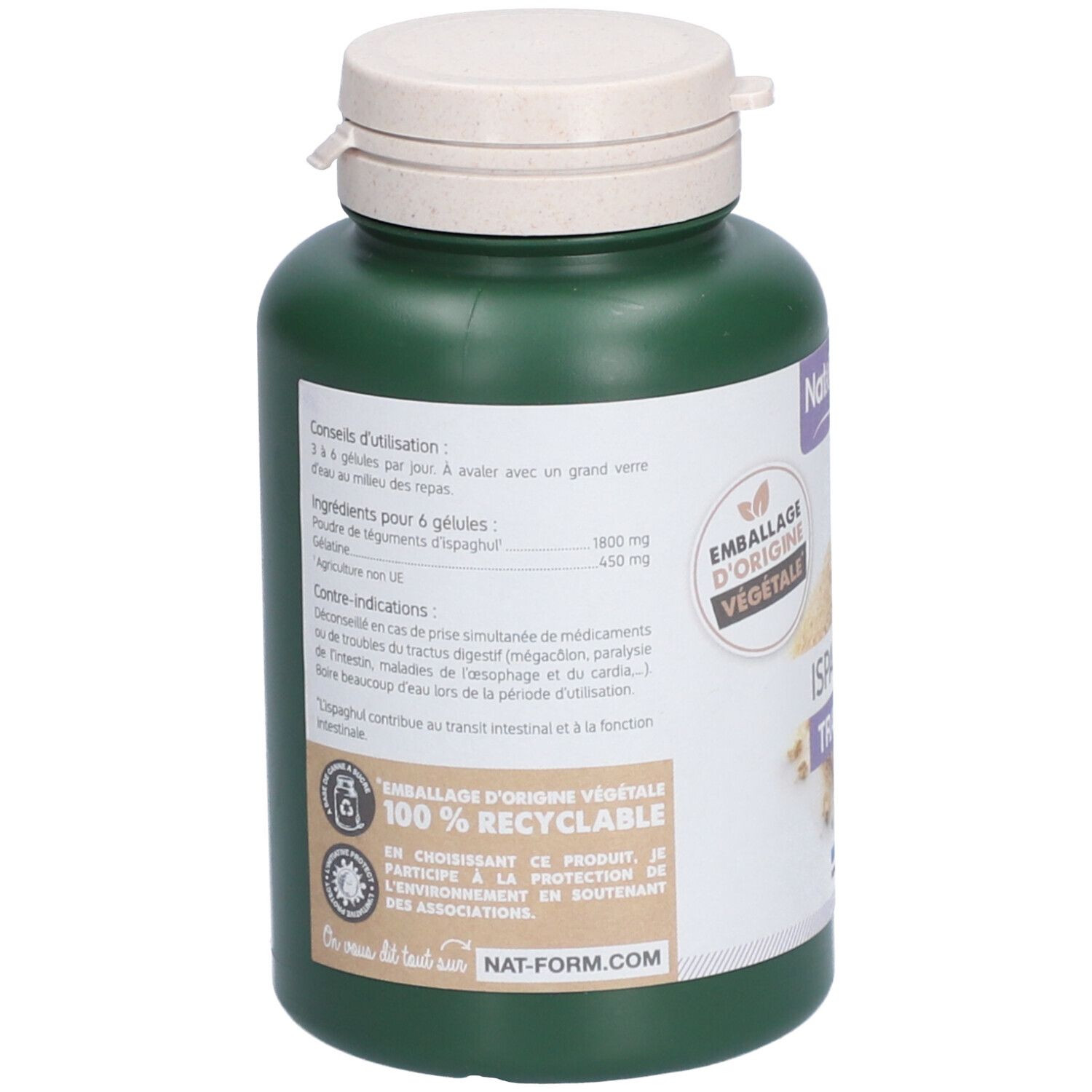 Dos du flacon vert. Texte: conseils d'utilisation, ingrédients, contre-indications. Emballage végétal. 100% recyclable.