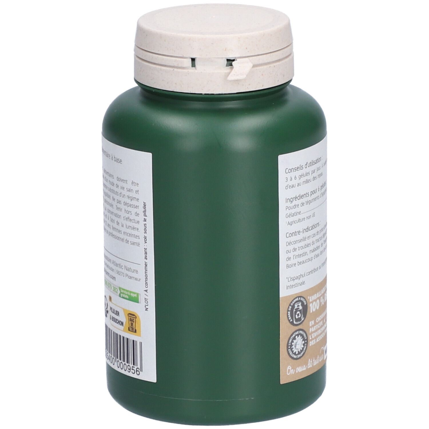 Flacon vert, vue latérale. Texte: conseils d'utilisation, ingrédients. Emballage végétal. 100% recyclable. Code-barres.
