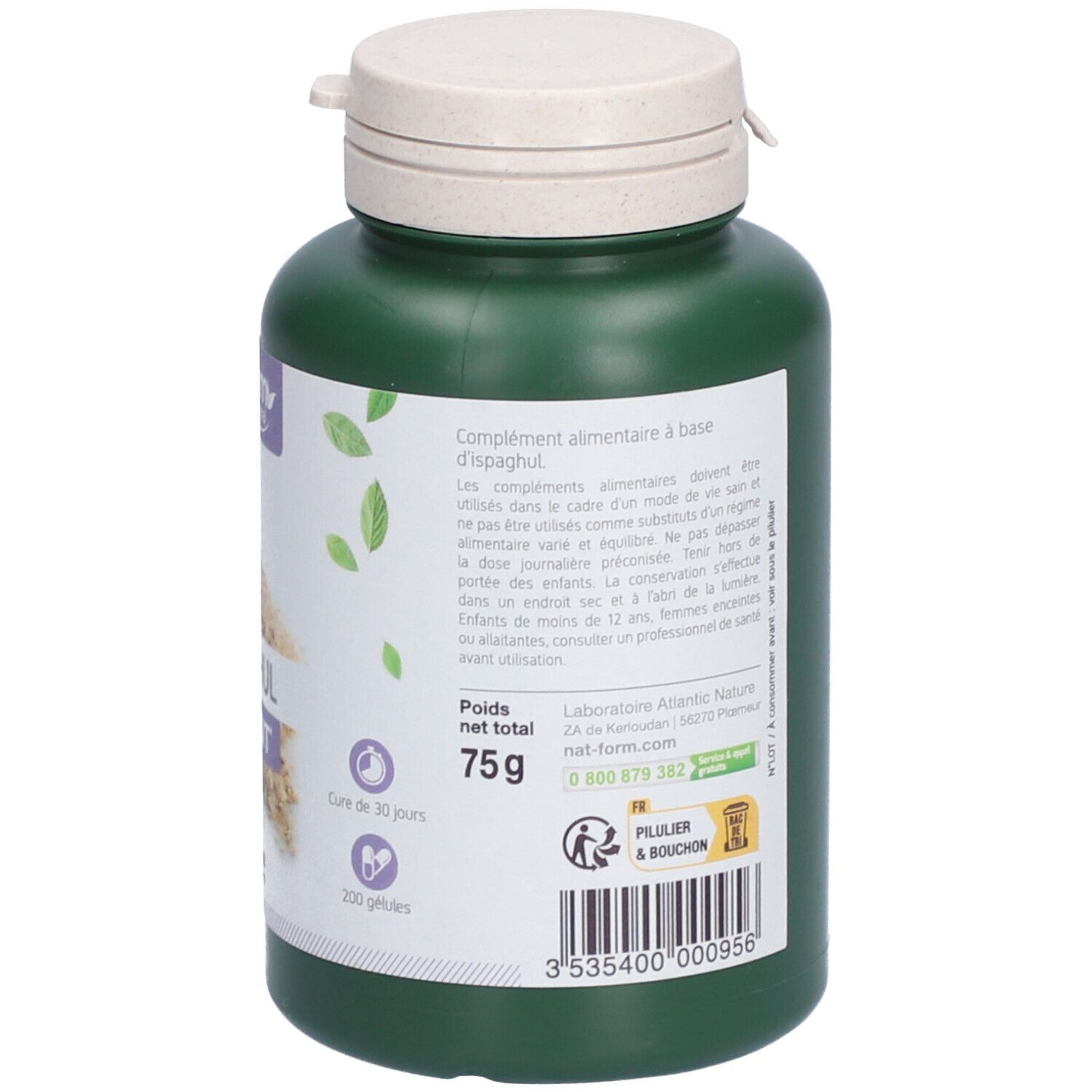 Dos du flacon vert. Texte: complément alimentaire, 200 gélules, 75g. Emballage végétal. Adresse du fabricant.