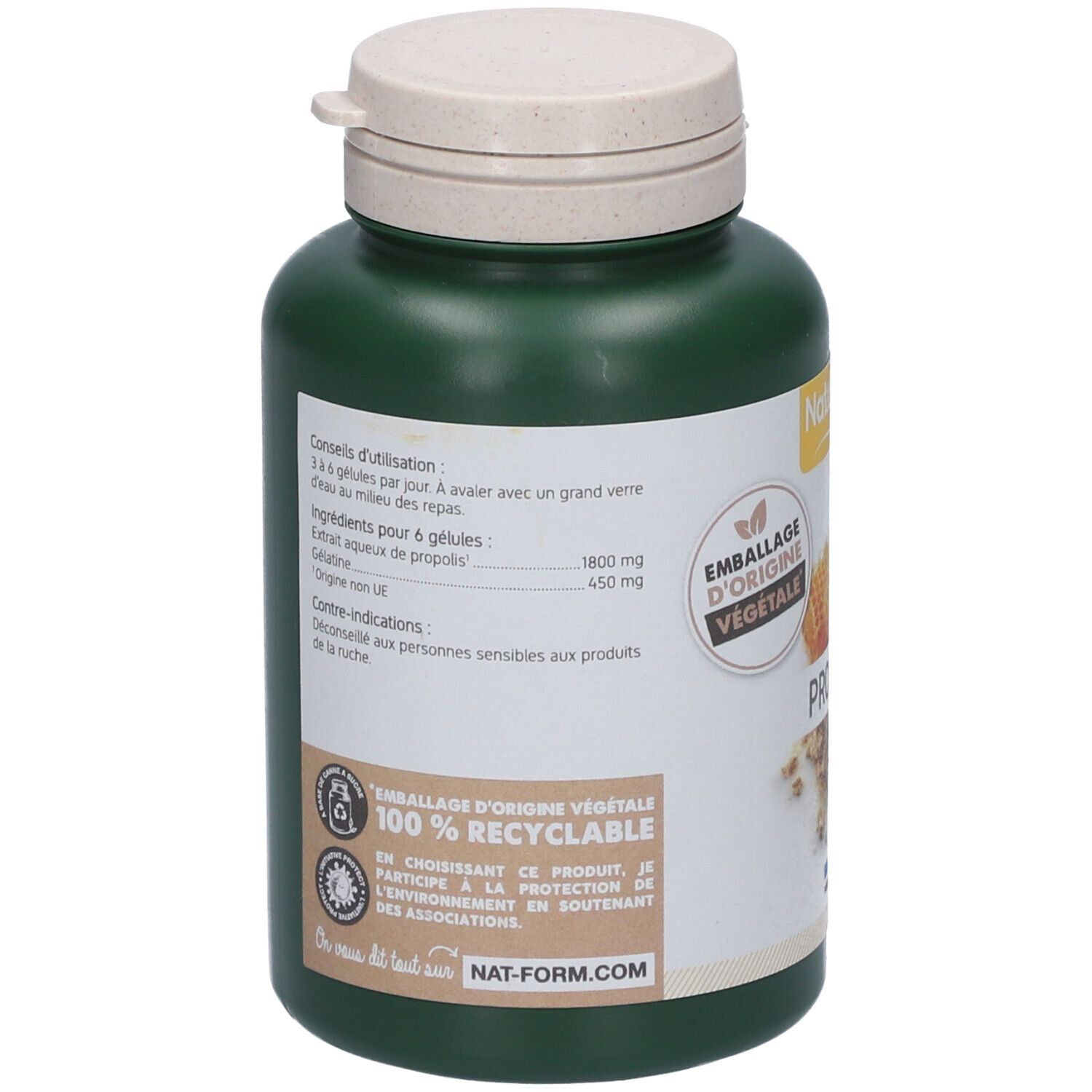 Dos d'un flacon vert avec couvercle blanc. Texte: conseils d'utilisation, ingrédients, contre-indications. Emballage végétal, 100% recyclable.