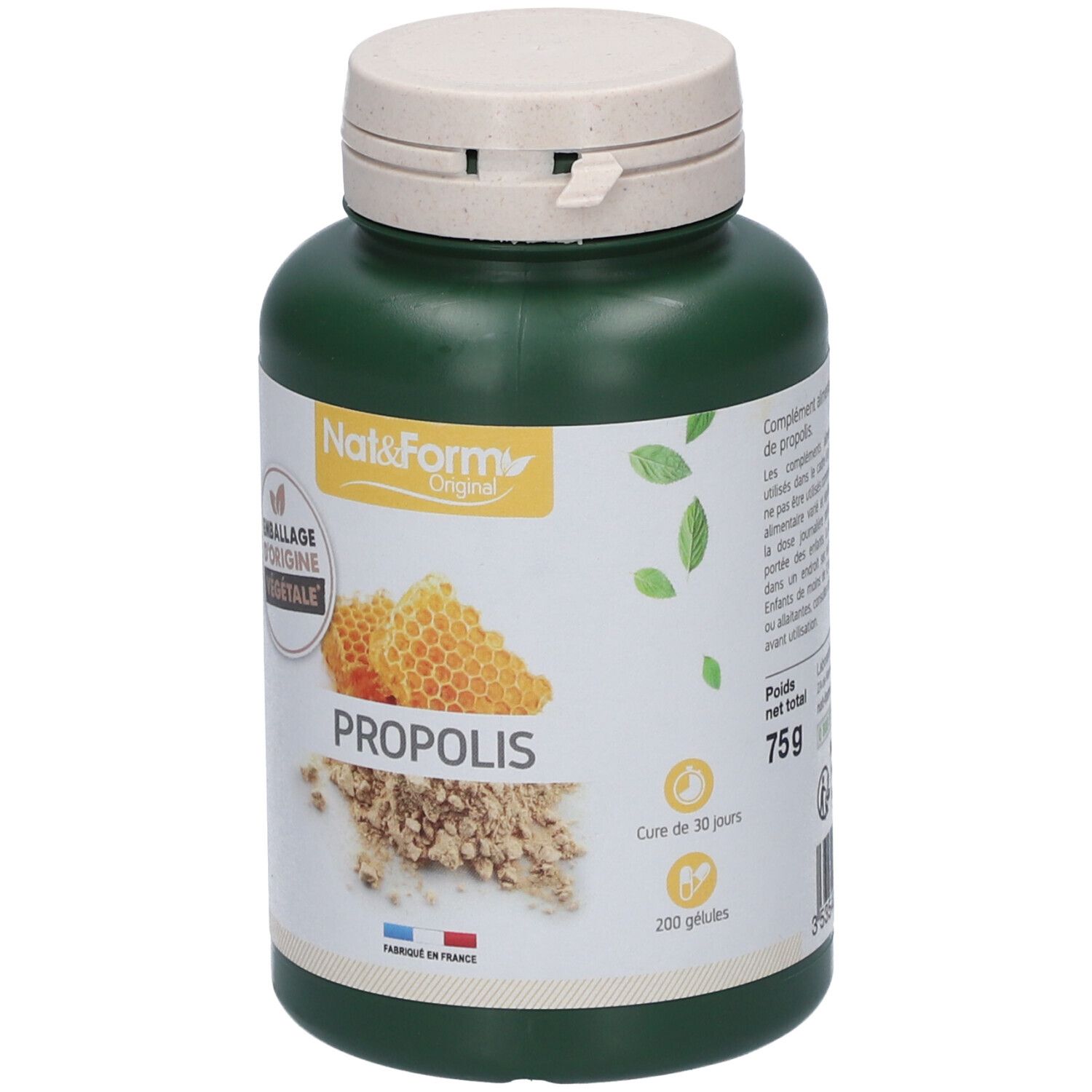 Flacon vert avec couvercle blanc. Inscription Nat&Form Propolis. Illustration de rayons de miel et propolis. 200 gélules, 75g.