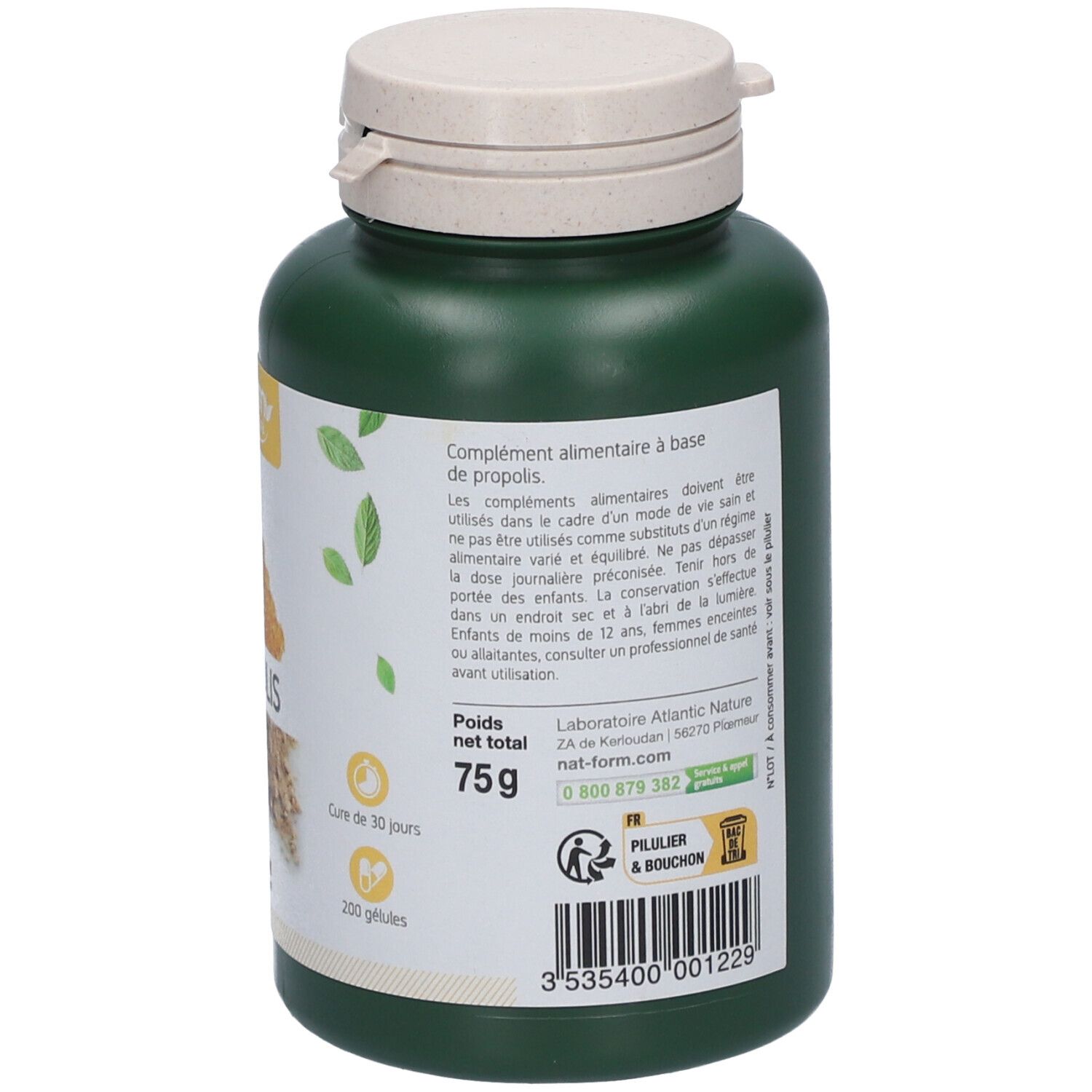 Dos d'un flacon vert avec couvercle blanc. Texte: complément alimentaire. 200 gélules, 75g. Logo: Pilier & Bouchon.