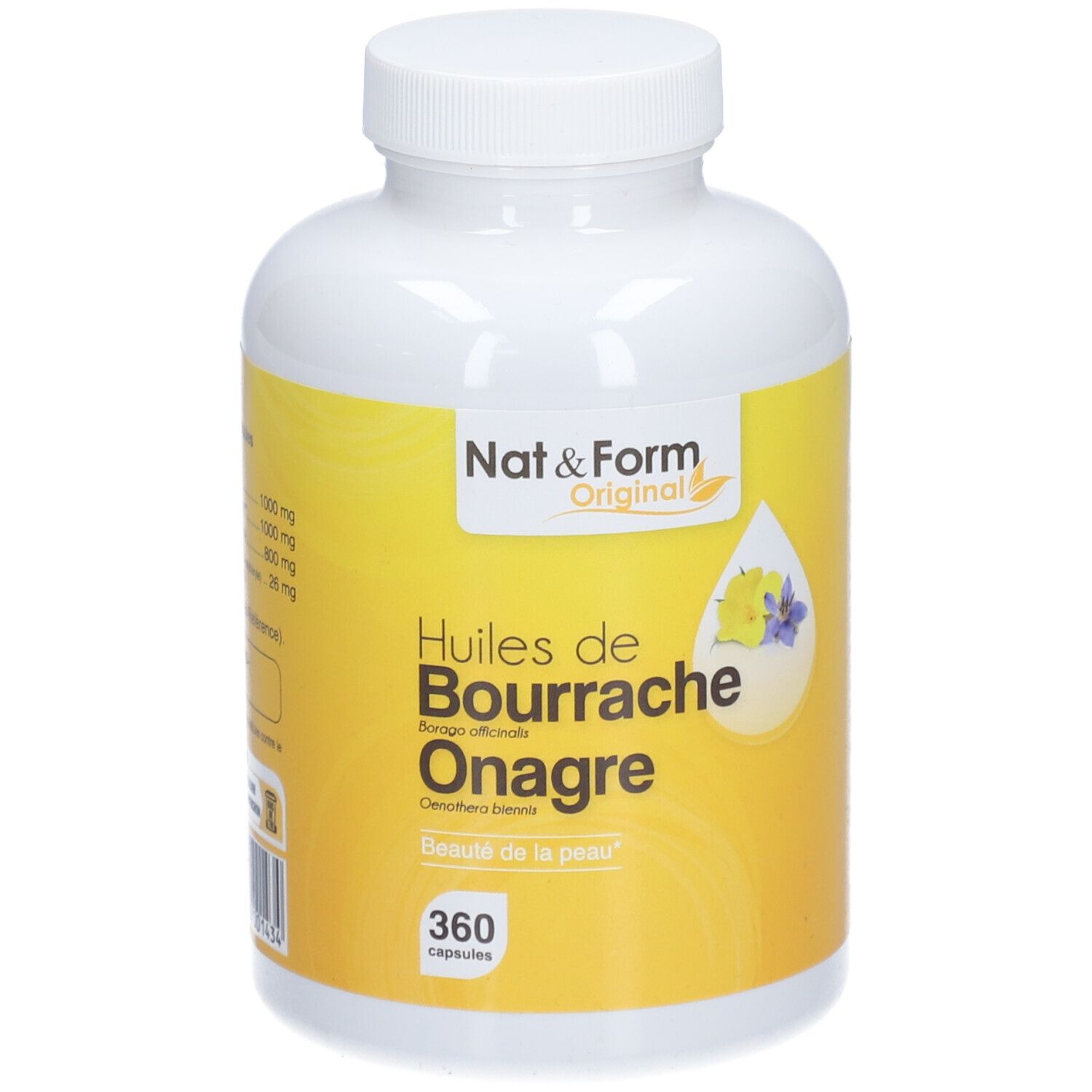 Weiße Flasche mit gelbem Etikett. Aufschrift: Nat & Form Original, Huiles de Bourrache Onagre, 360 capsules.