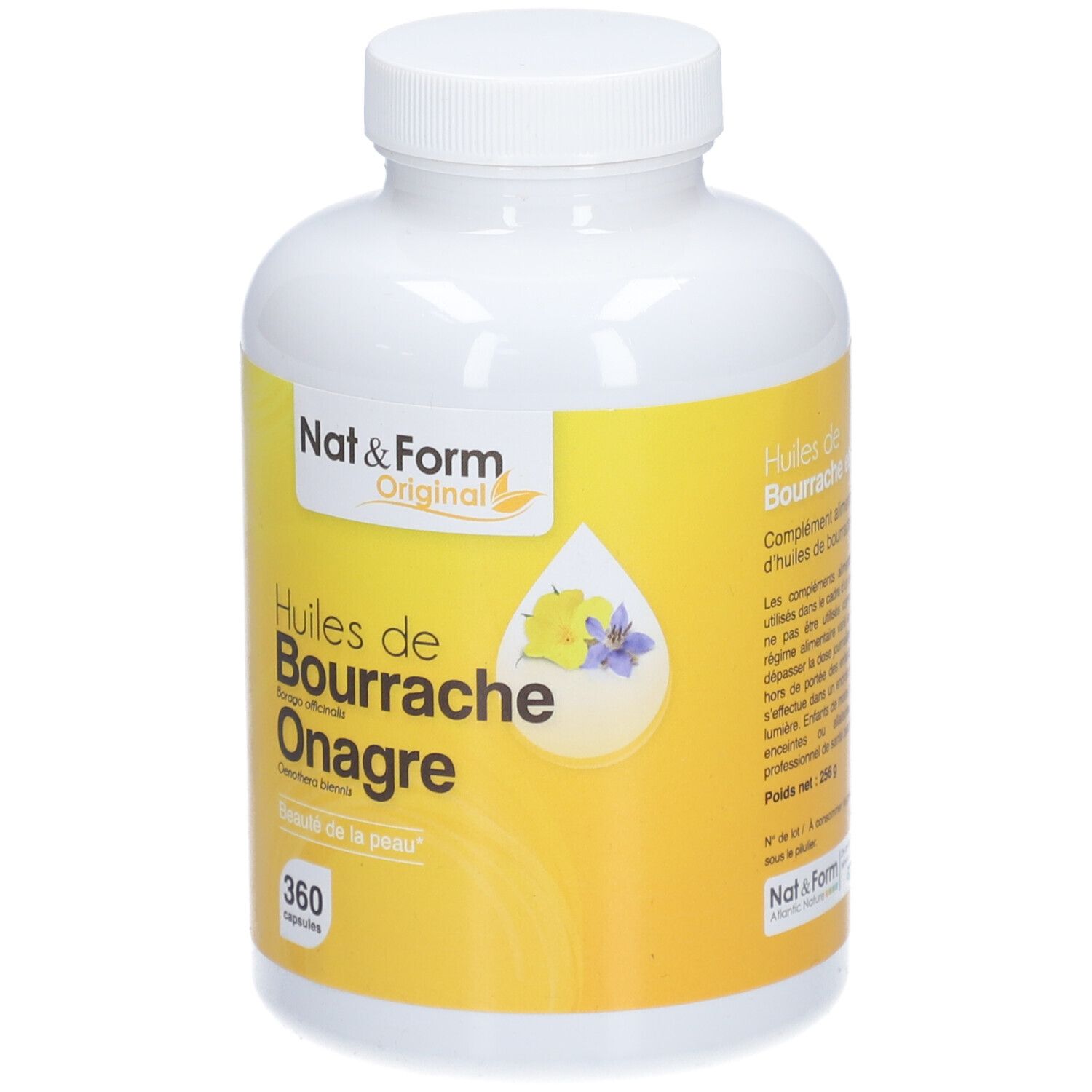 Weiße Flasche mit gelbem Etikett. Aufschrift: Nat & Form, Huiles de Bourrache Onagre, 360 capsules.