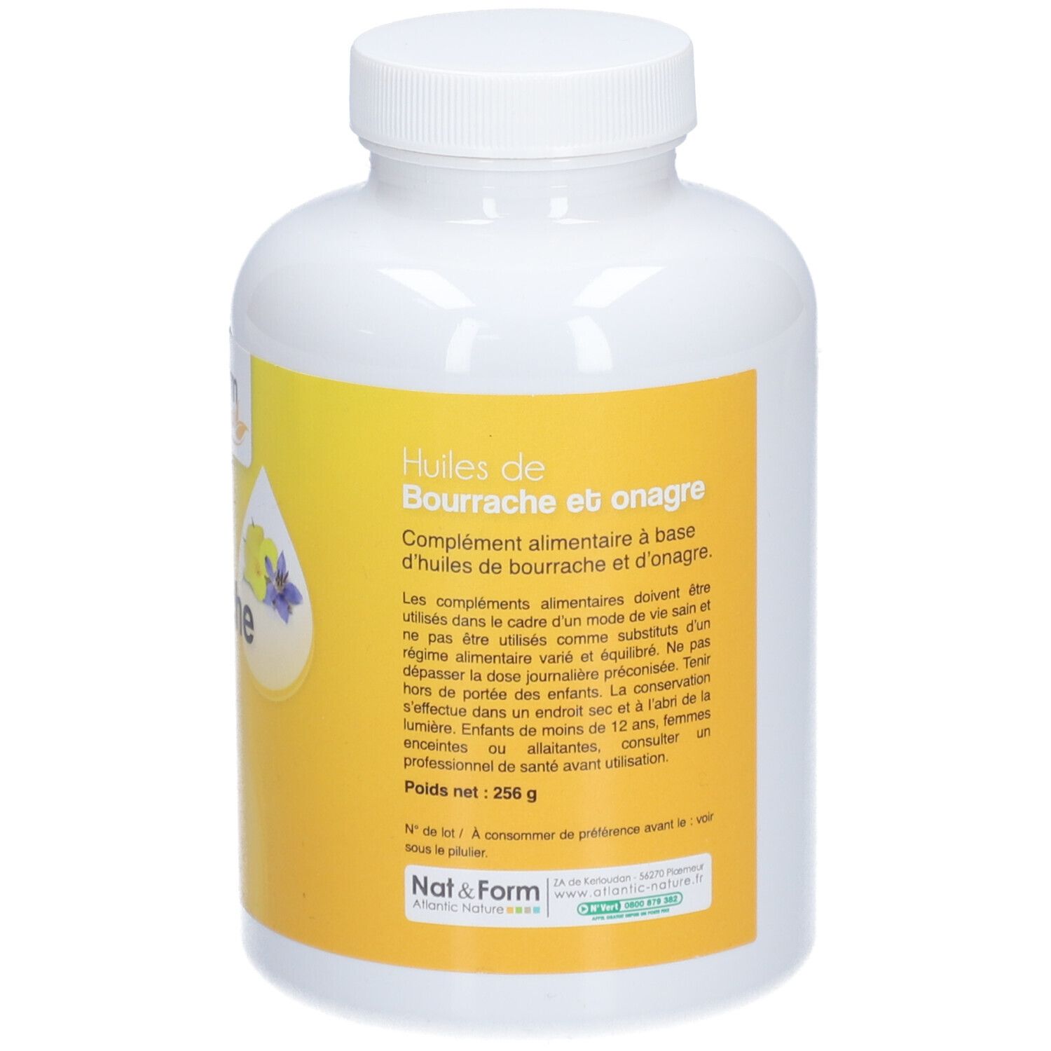 Rückseite der weißen Flasche mit gelbem Etikett. Aufschrift: Huiles de Bourrache et onagre. Nettogewicht: 256 g.