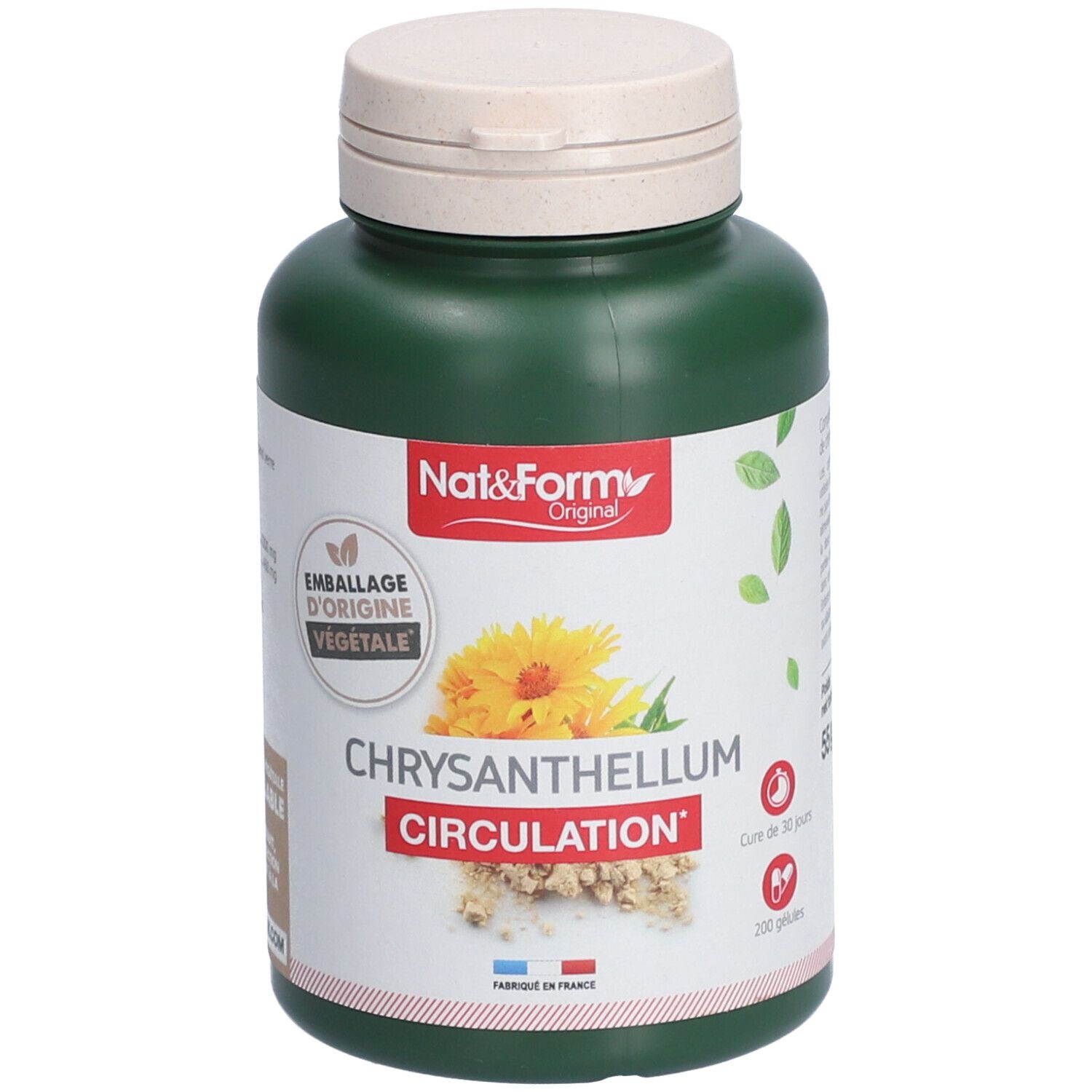 Grüne Flasche mit weißem Deckel. Aufschrift: CHRYSANTHELLUM CIRCULATION. Marke: Nat&Form. Mit floraler Illustration und dem Hinweis auf pflanzliche Herkunft.
