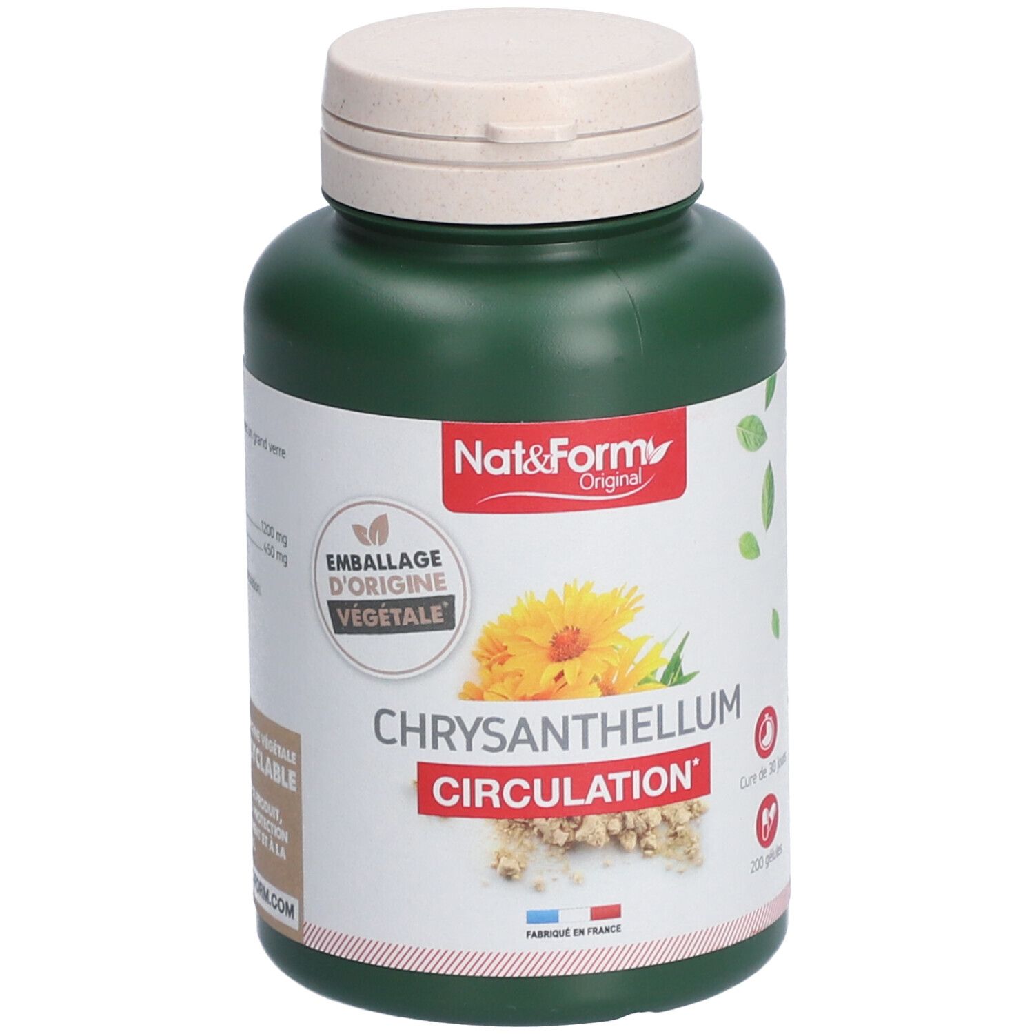 Grüne Flasche mit weißem Deckel. Aufschrift: CHRYSANTHELLUM CIRCULATION. Marke: Nat&Form. Mit floraler Illustration und dem Hinweis auf pflanzliche Herkunft.
