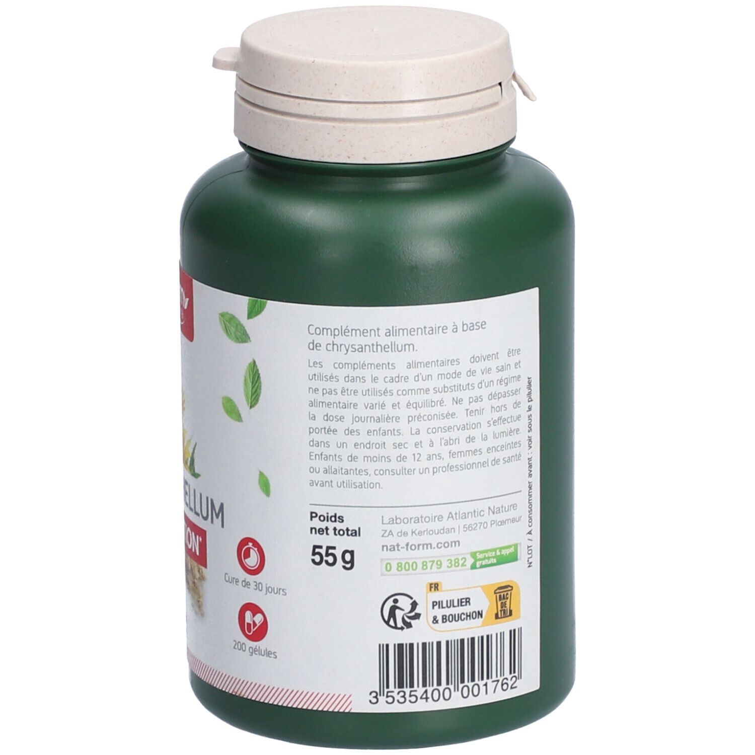Rückseite der grünen Flasche. Enthält Informationen zu Inhaltsstoffen, Dosierung und Kontaktinformationen. Marke: Nat&Form. Gewicht: 55g.
