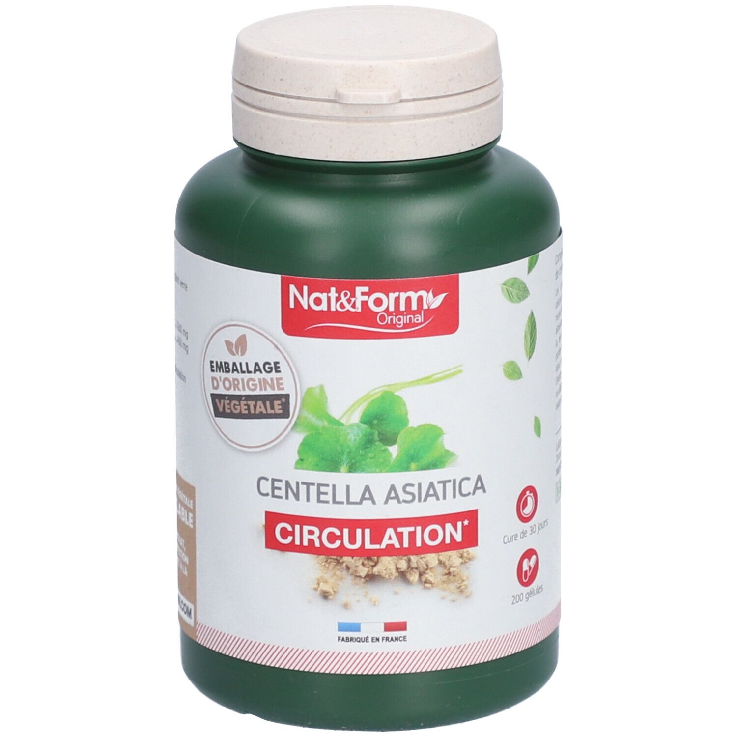 Grüne Flasche mit weißem Deckel. Aufschrift: Nat&Form, CENTELLA ASIATICA, CIRCULATION. Verpackung aus pflanzlicher Herkunft.